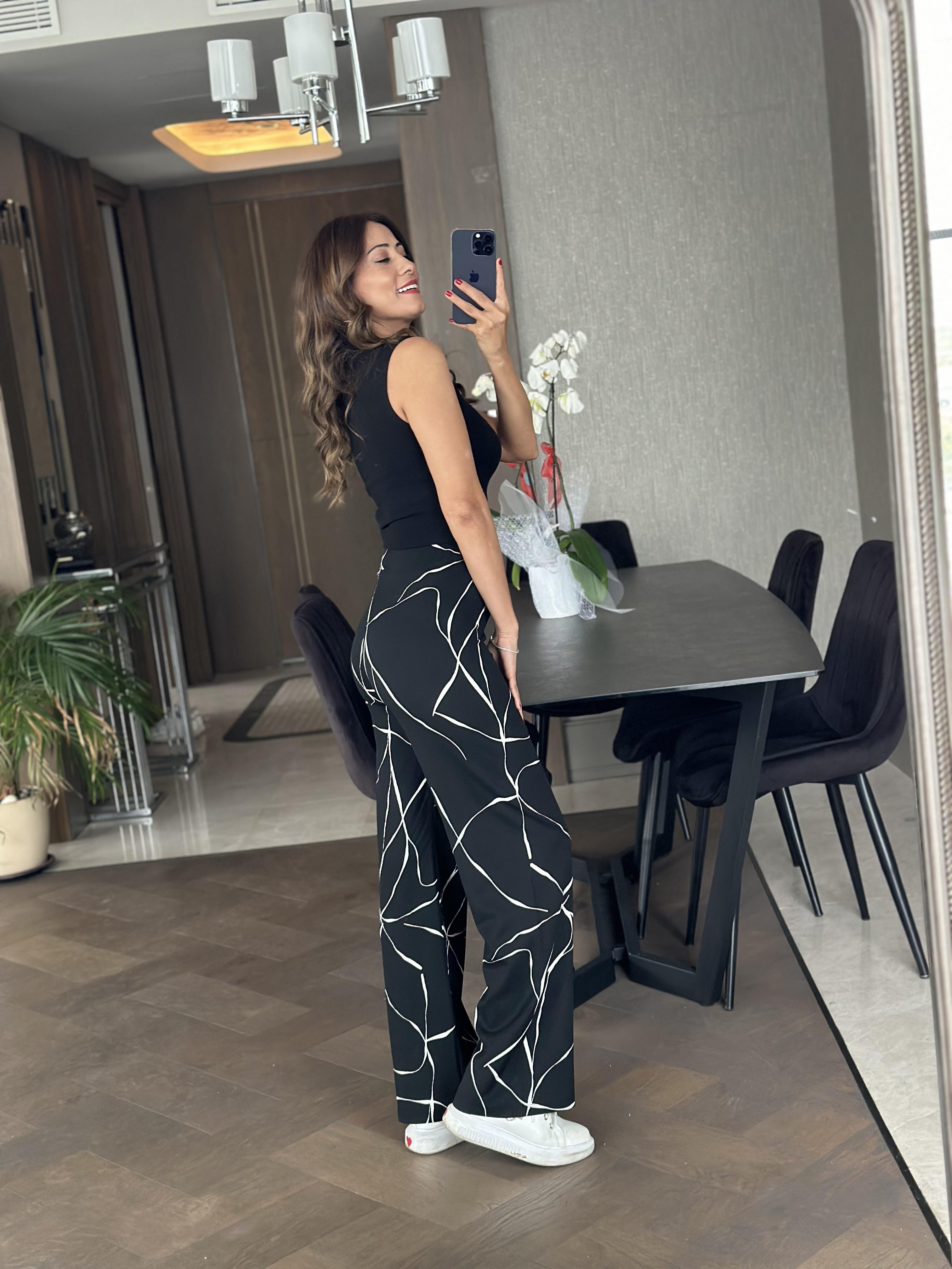Siyah Desenli Beli Lastikli Bürümcük Kadın Pantolon