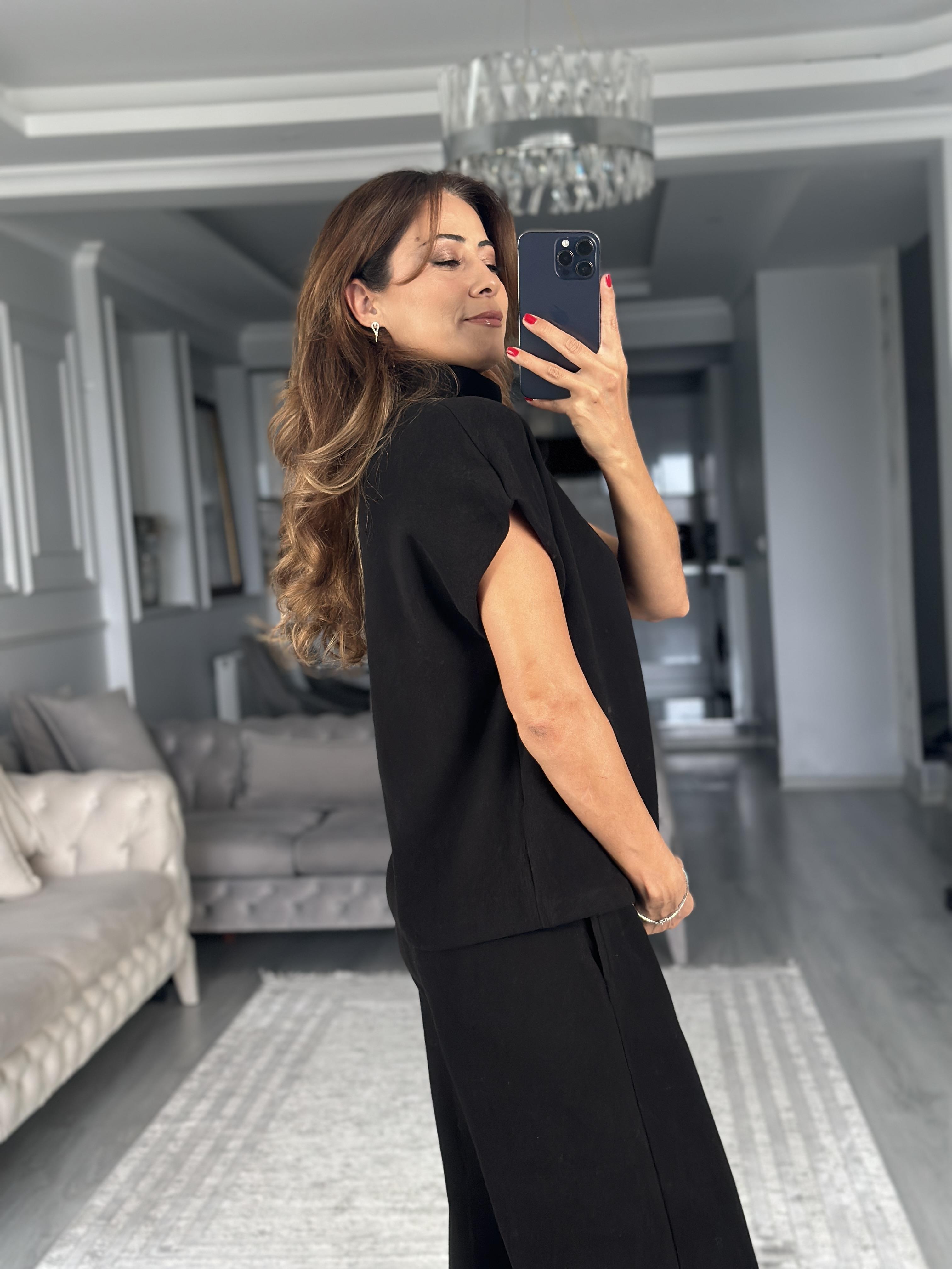 Siyah Dik Yaka Kolsuz Bluz Pantolon Selanik Kadın İkili Takım