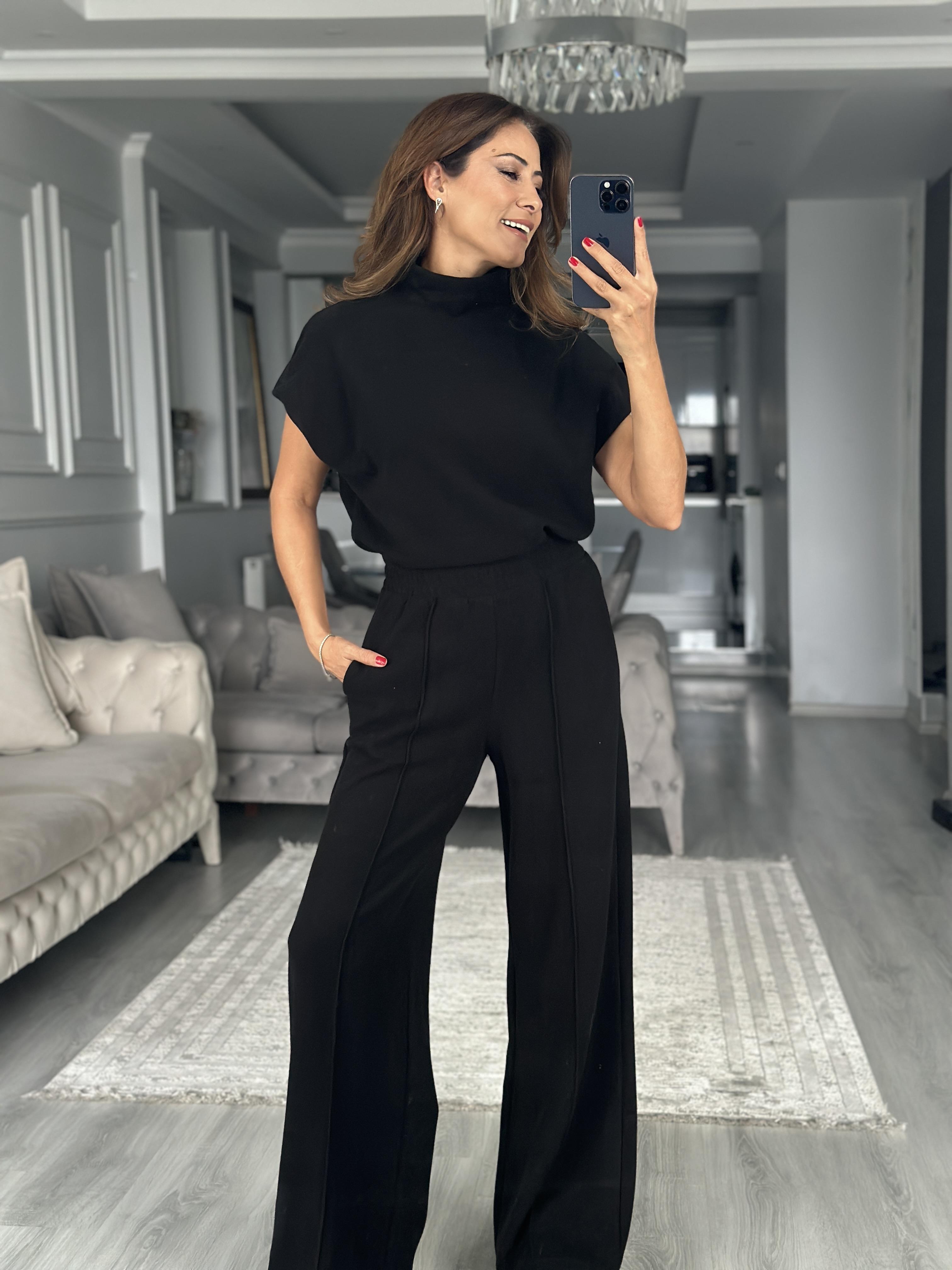 Siyah Dik Yaka Kolsuz Bluz Pantolon Selanik Kadın İkili Takım