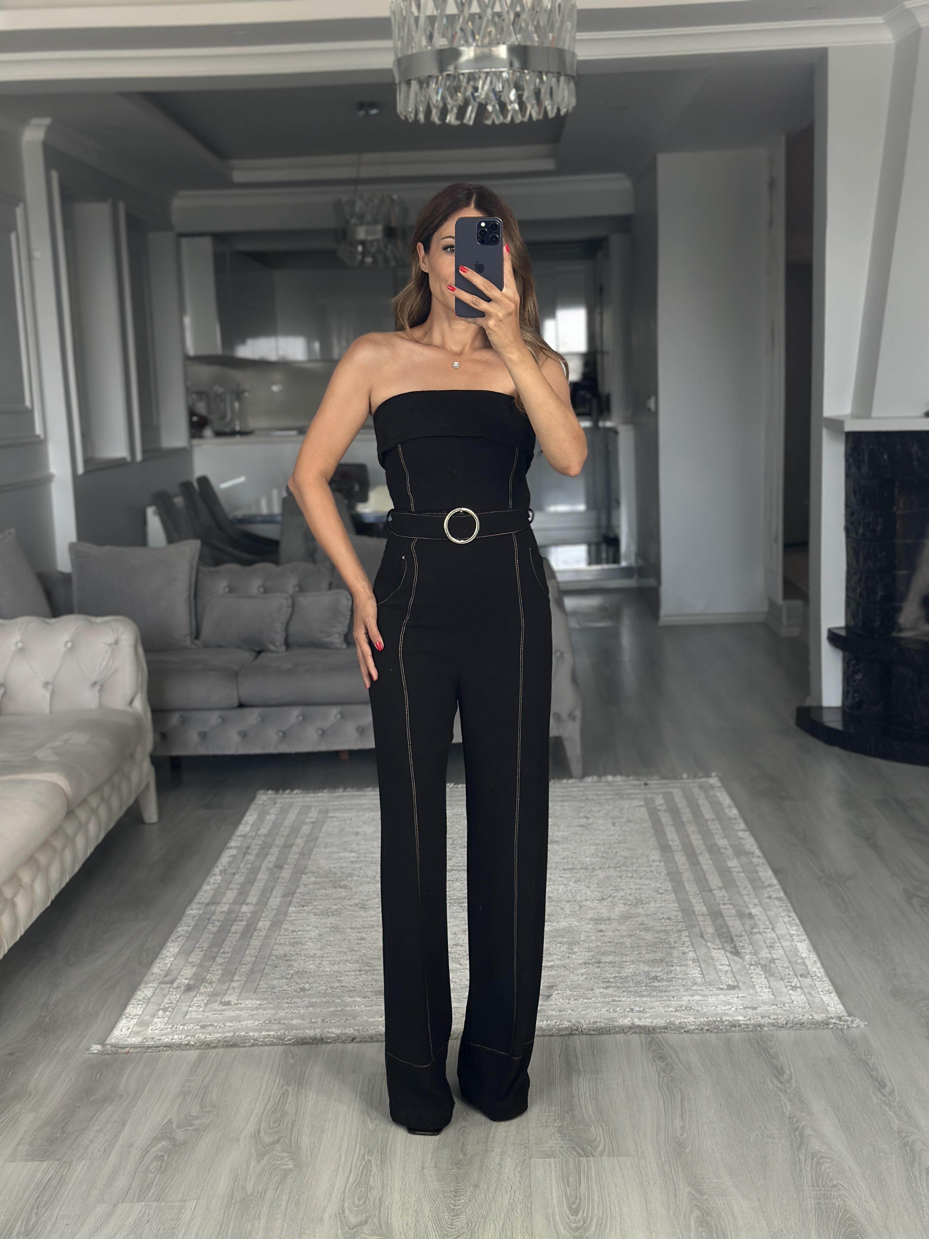 Siyah Dikiş Detaylı Straplez Kadın Tulum