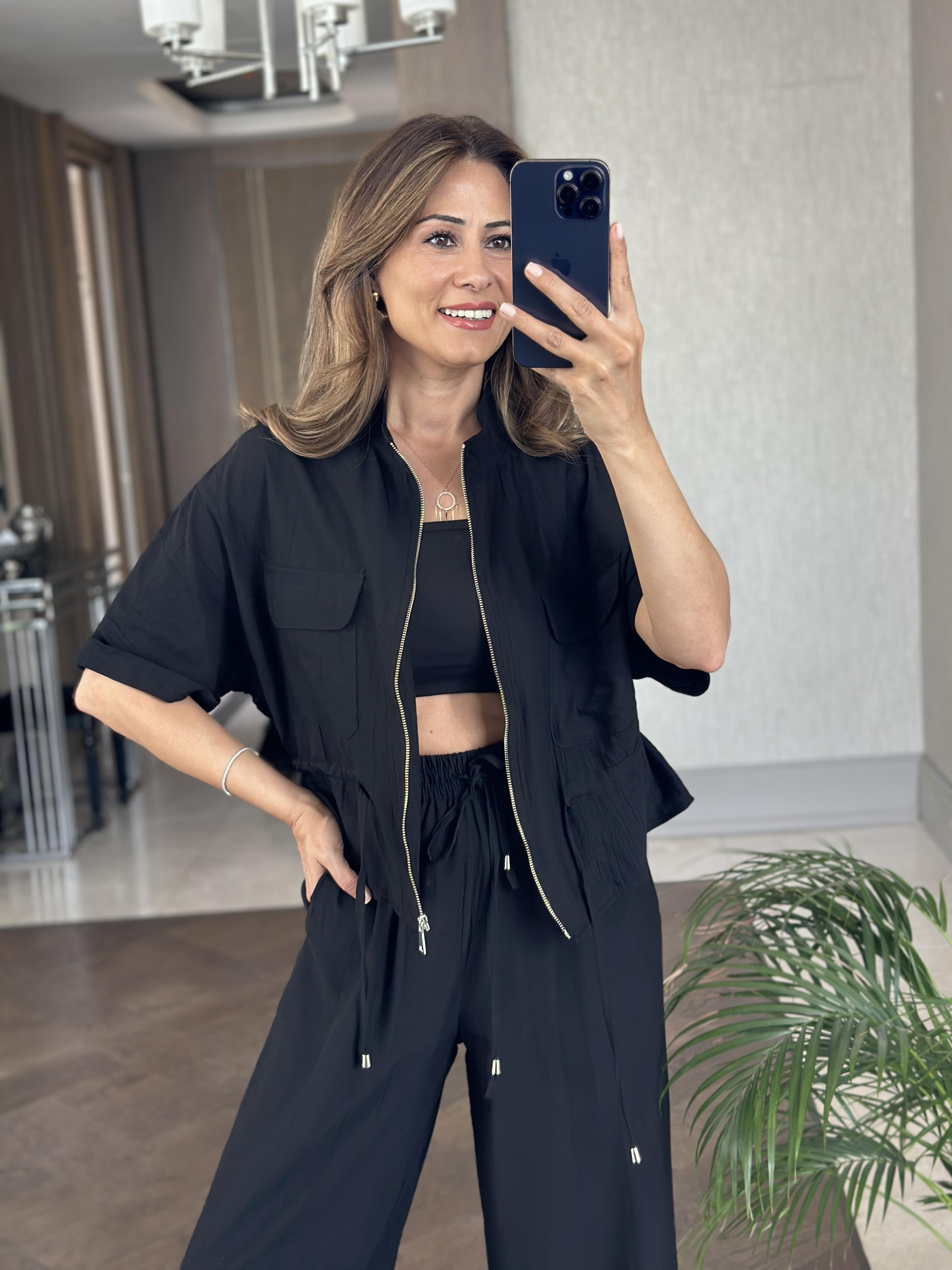Siyah Dokulu Beli Bağcıklı Ceket Pantolon Kadın Alt Üst Takım