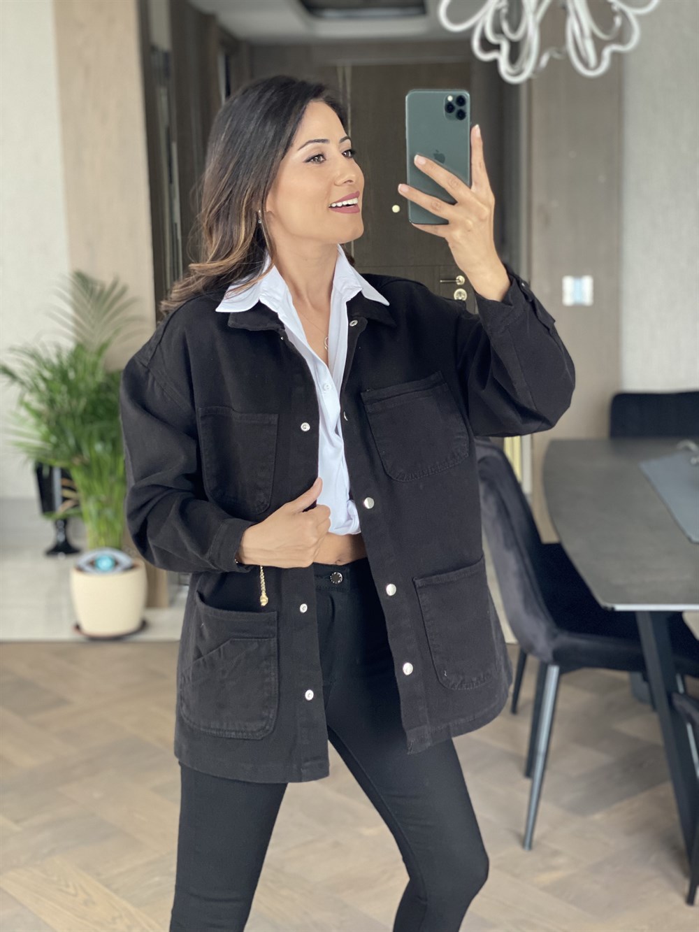 Siyah Dört Cepli Gabardin Trençkot