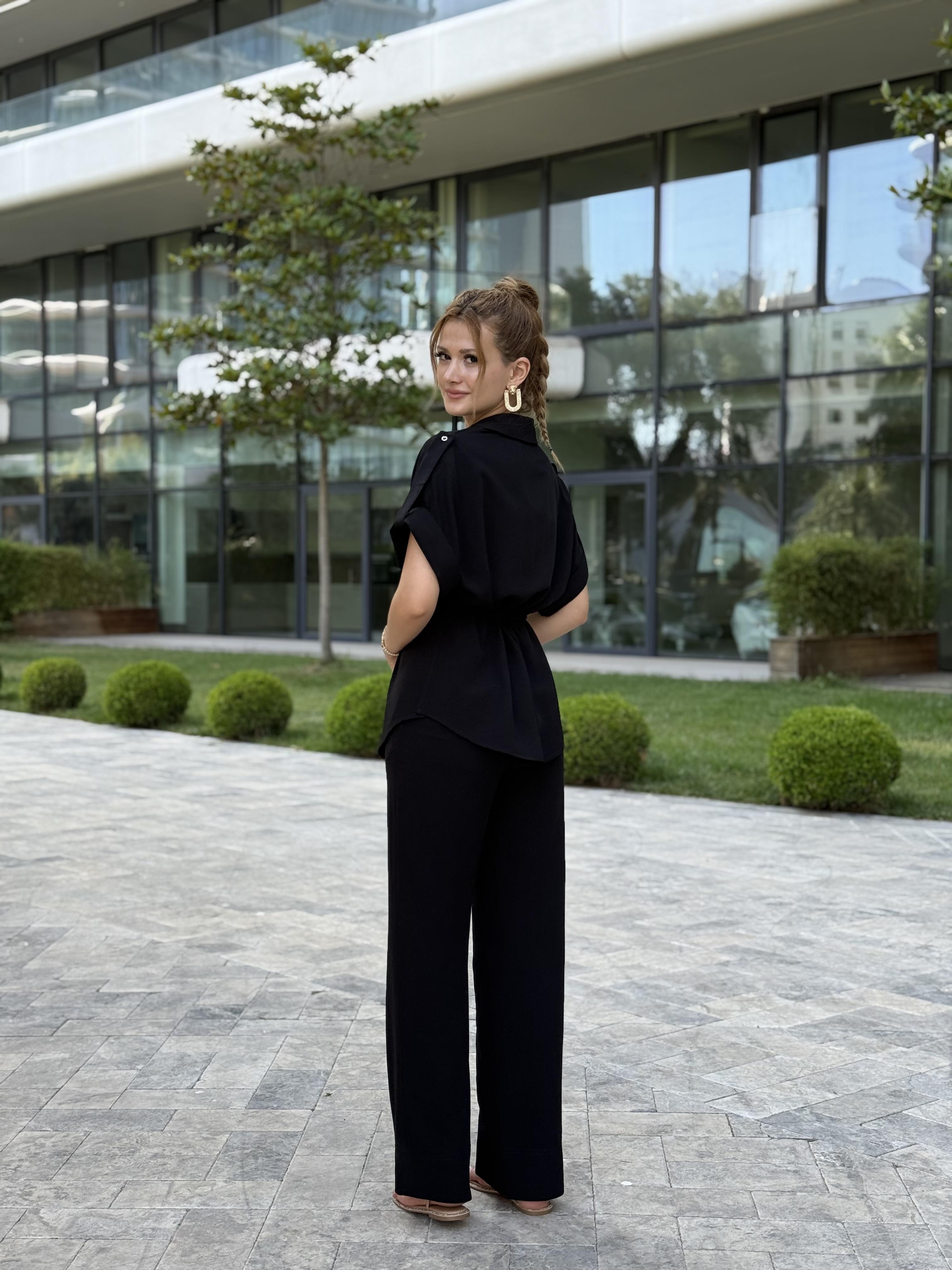 Siyah Duble Kol Gömlek Pantolon Keten Kadın İkili Takım