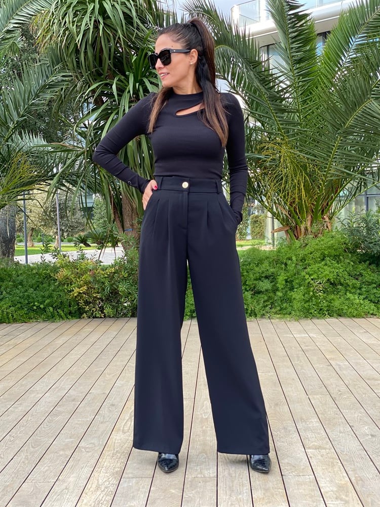 Siyah Düğmeli Arka Bel Lastikli Geniş Paça Kumaş Kadın Pantolon