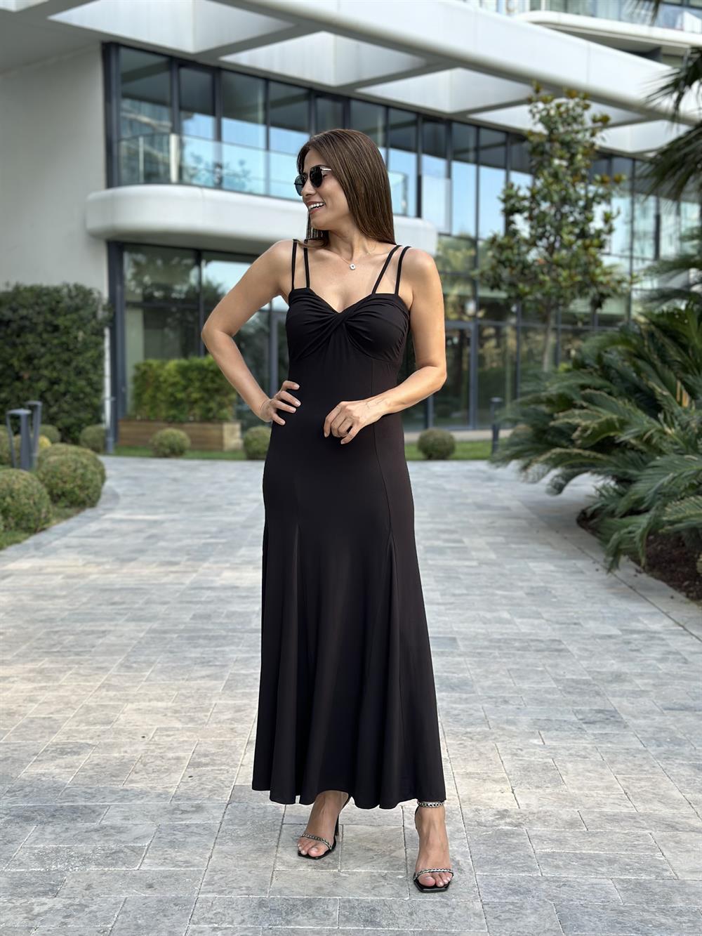 Siyah Düğüm Detay Askılı Kadın Elbise