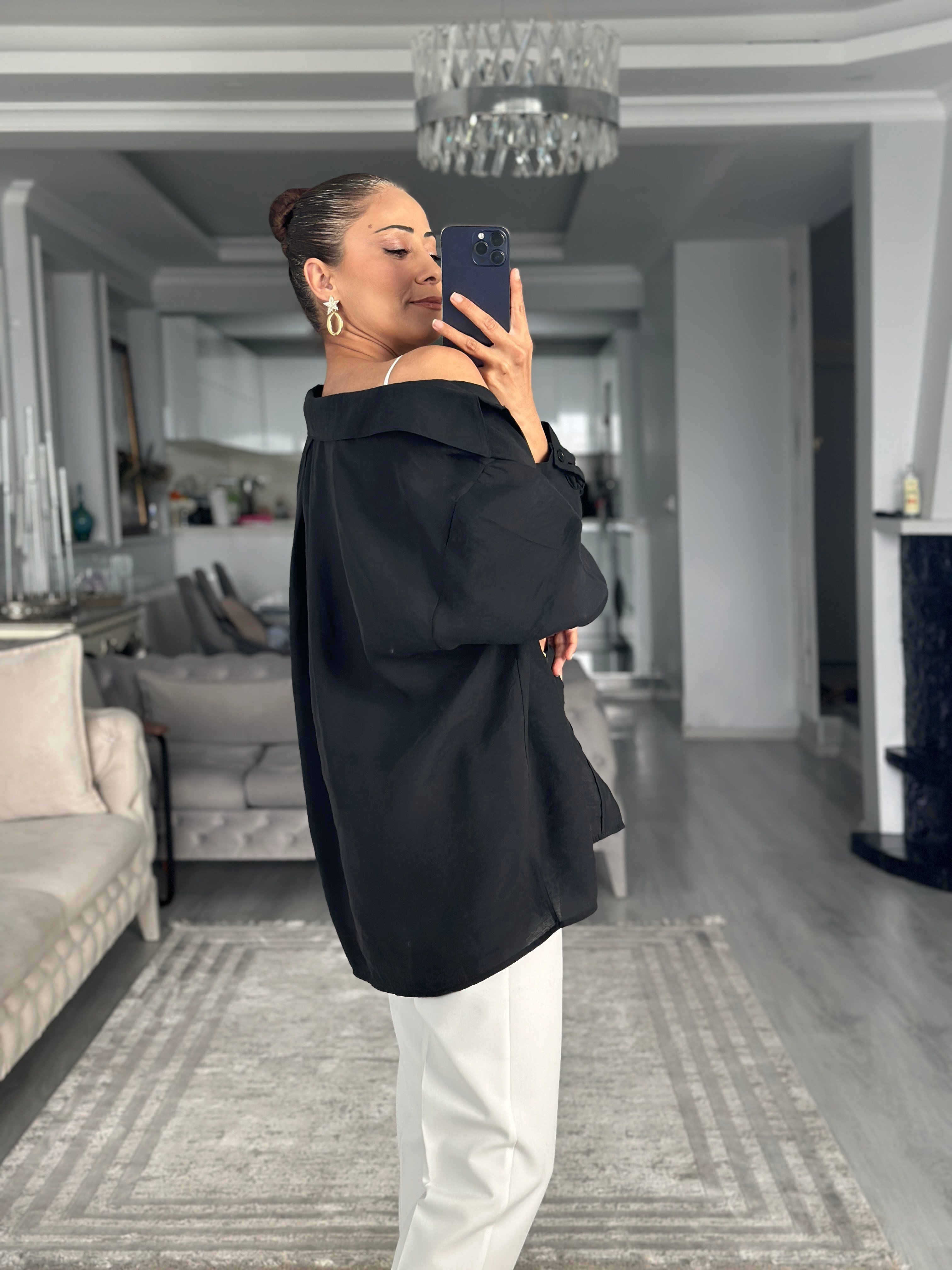 Siyah Düşük Omuzlu Oversize Kadın Gömlek