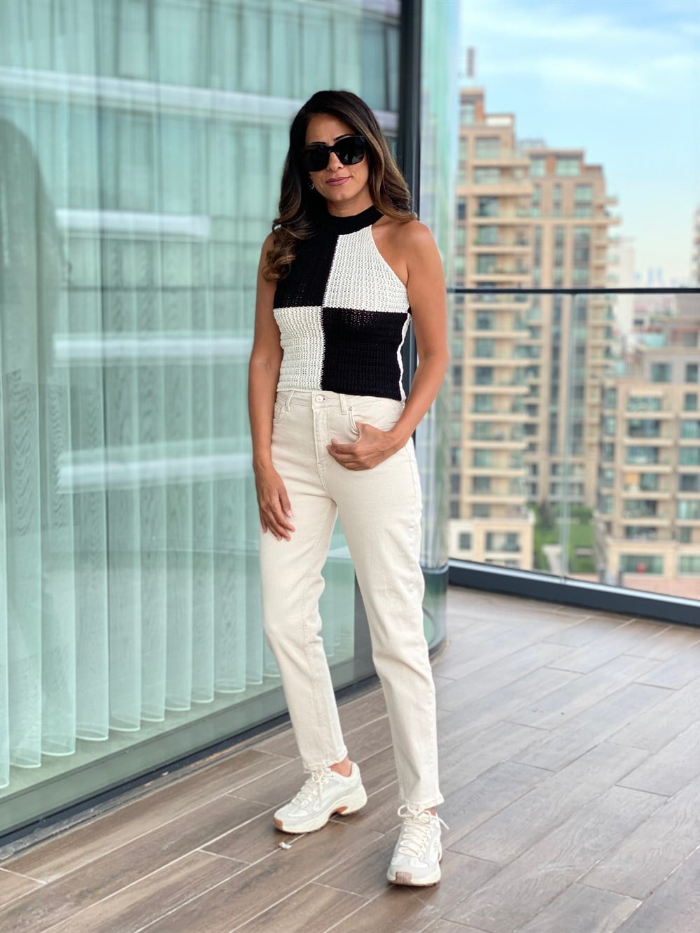 Siyah Ekru Triko Örgü Atlet