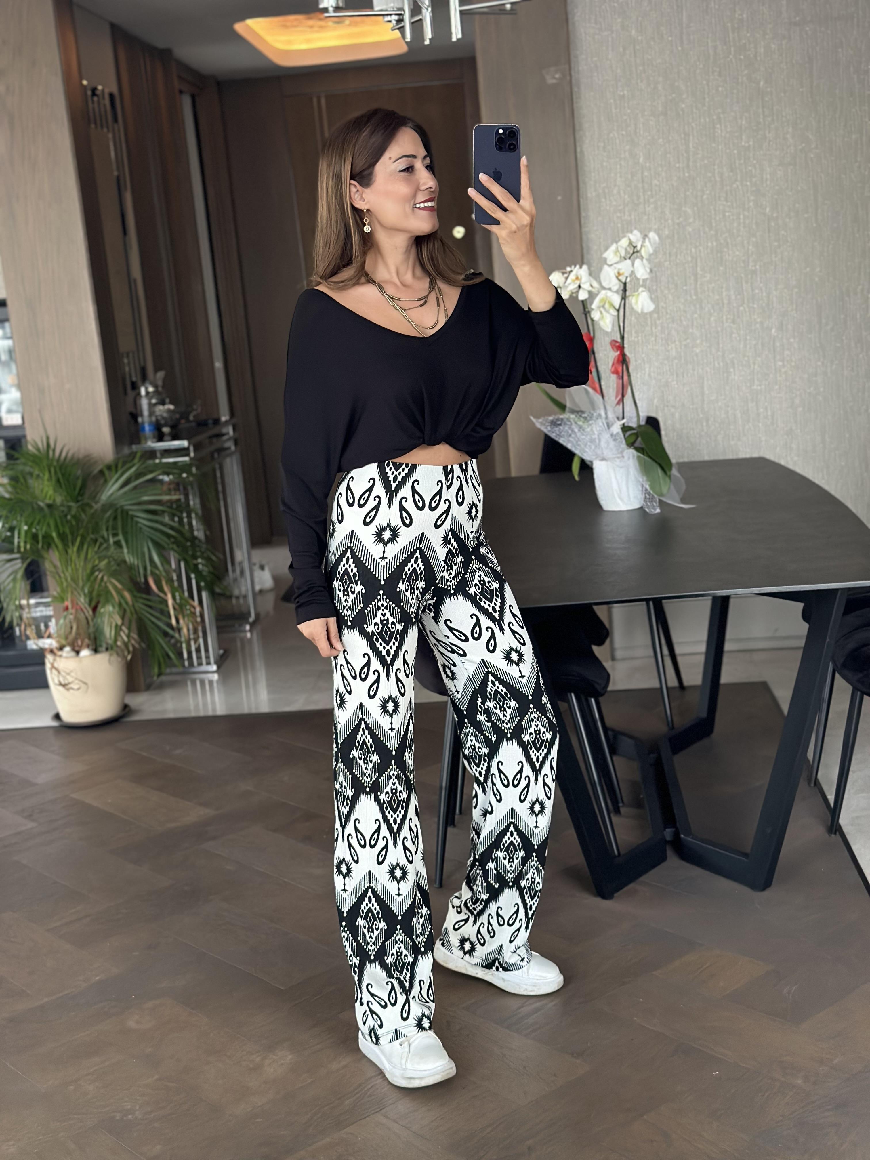 Siyah Etnik Desen Beli Lastikli Bürümcük Kadın Pantolon