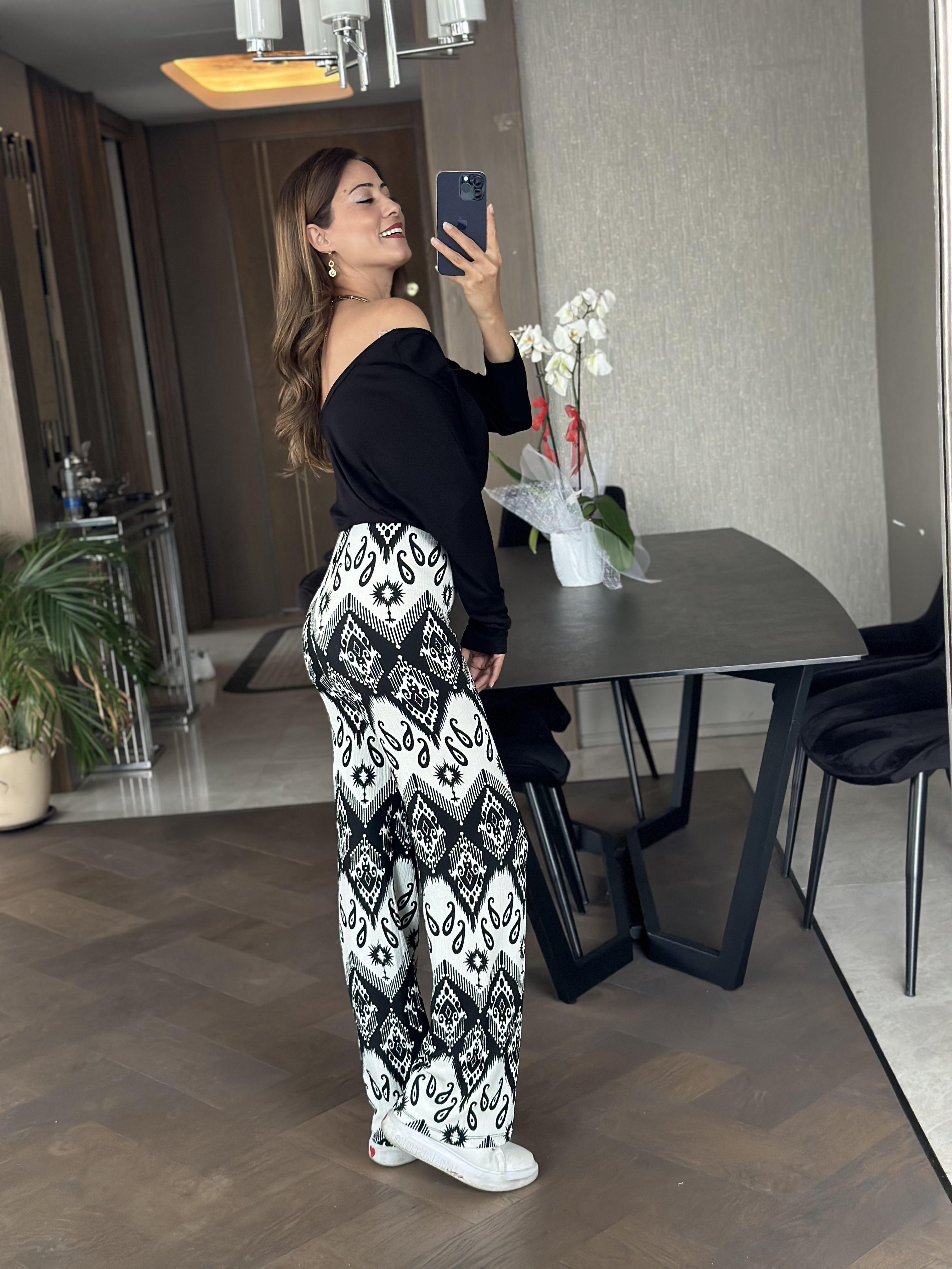 Siyah Etnik Desen Beli Lastikli Bürümcük Kadın Pantolon