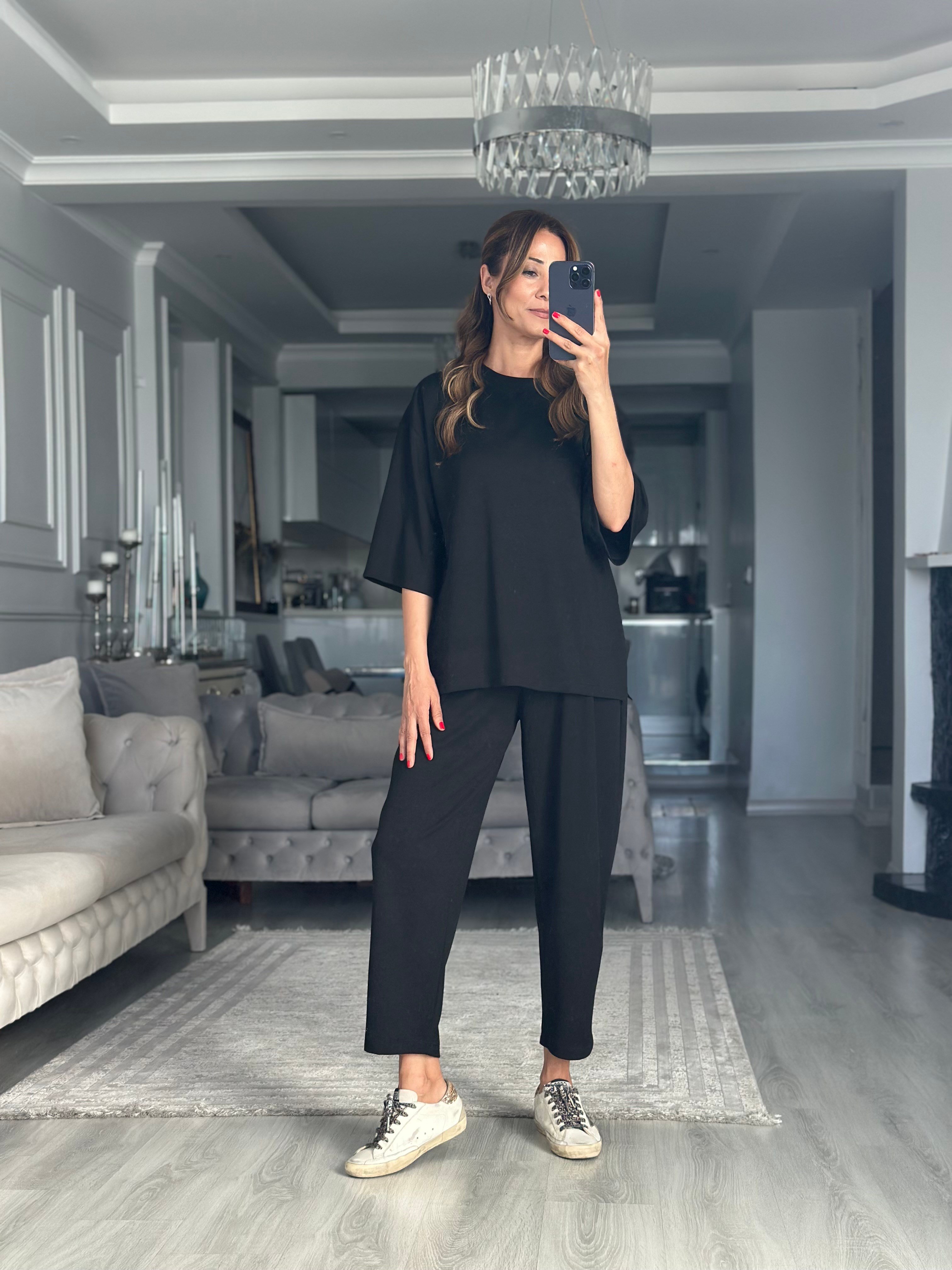 Siyah Fakir Kol Yırtmaçlı Oversize Modal Kadın İkili Takım