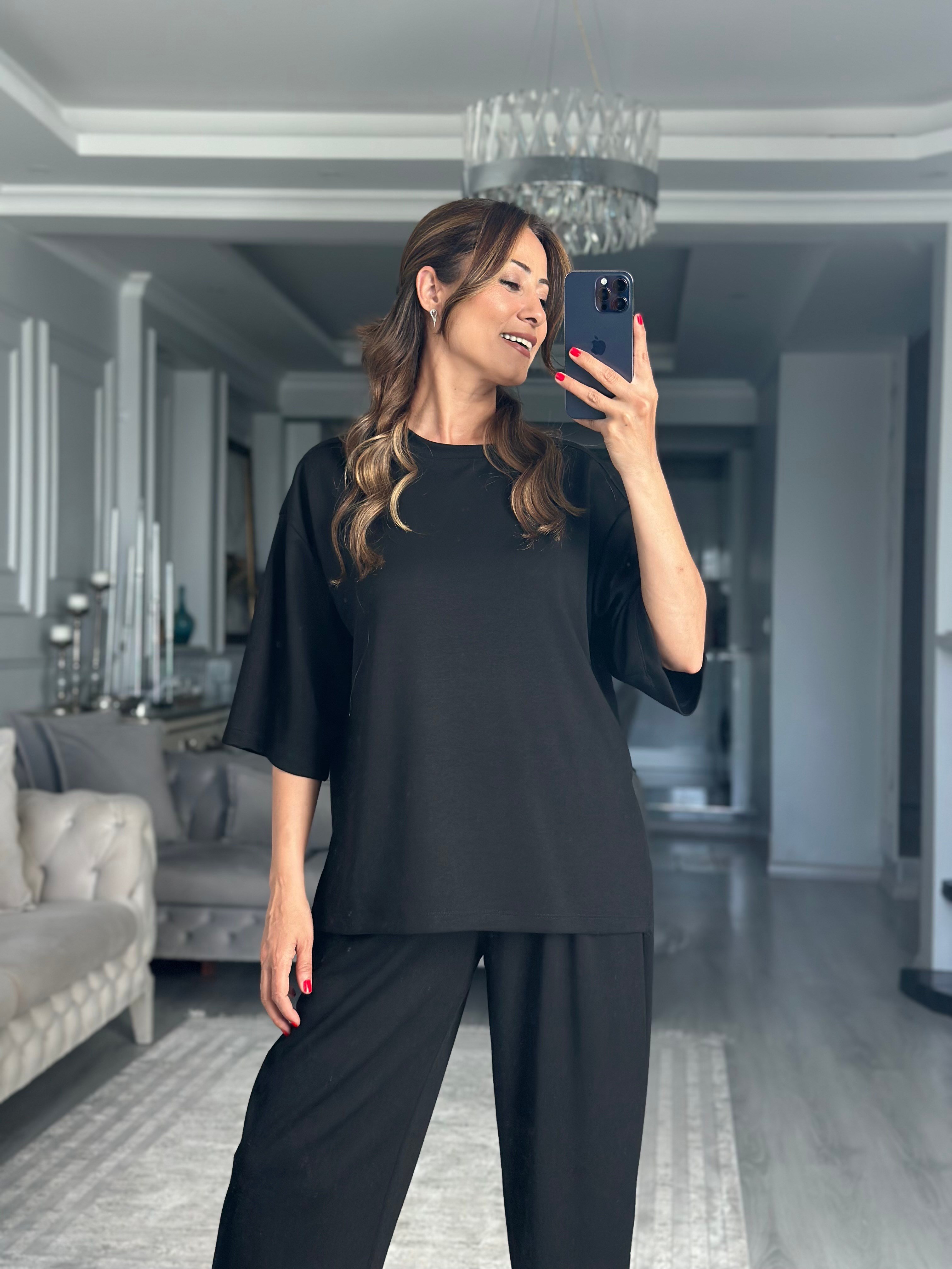 Siyah Fakir Kol Yırtmaçlı Oversize Modal Kadın İkili Takım