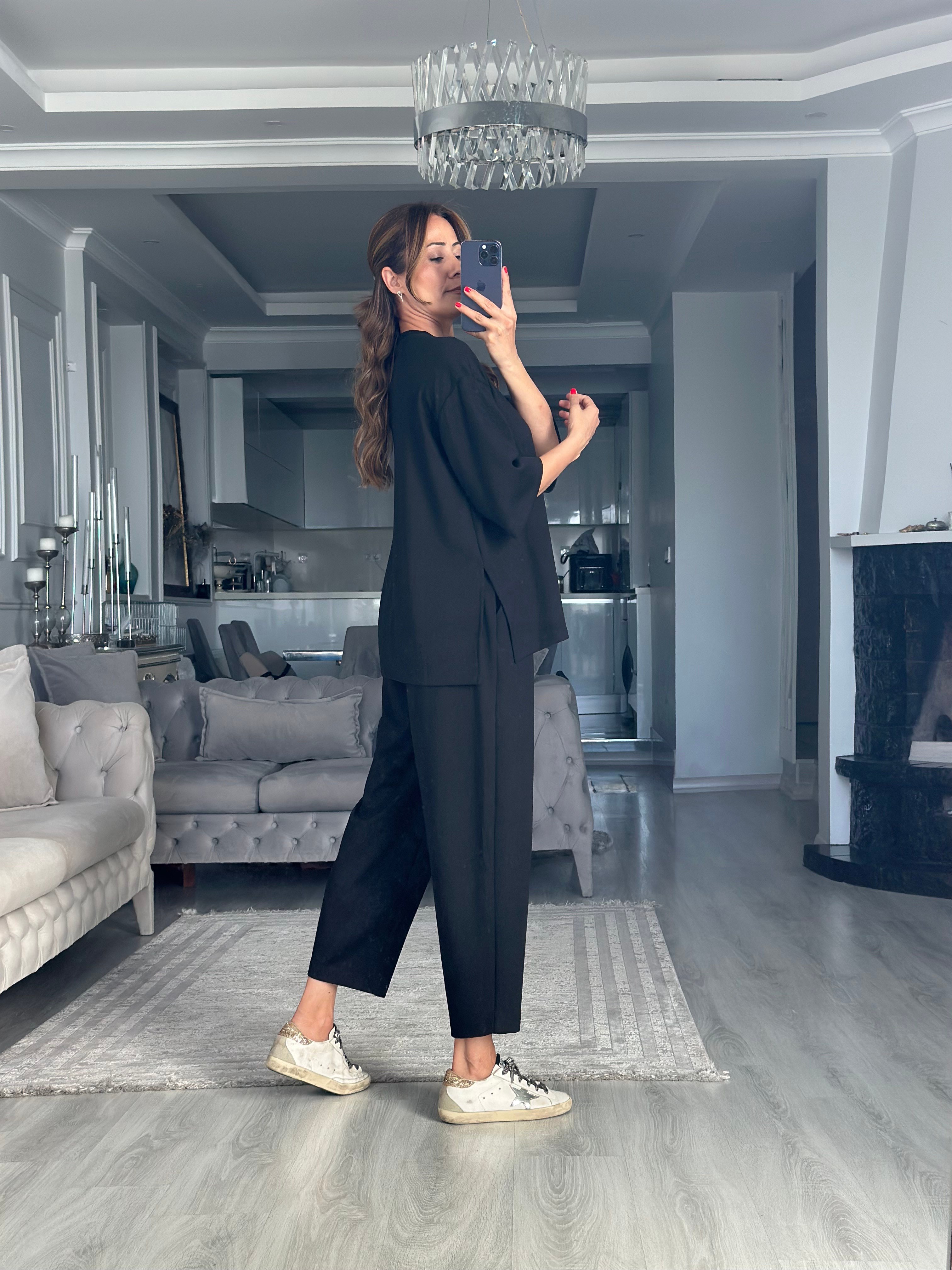 Siyah Fakir Kol Yırtmaçlı Oversize Modal Kadın İkili Takım