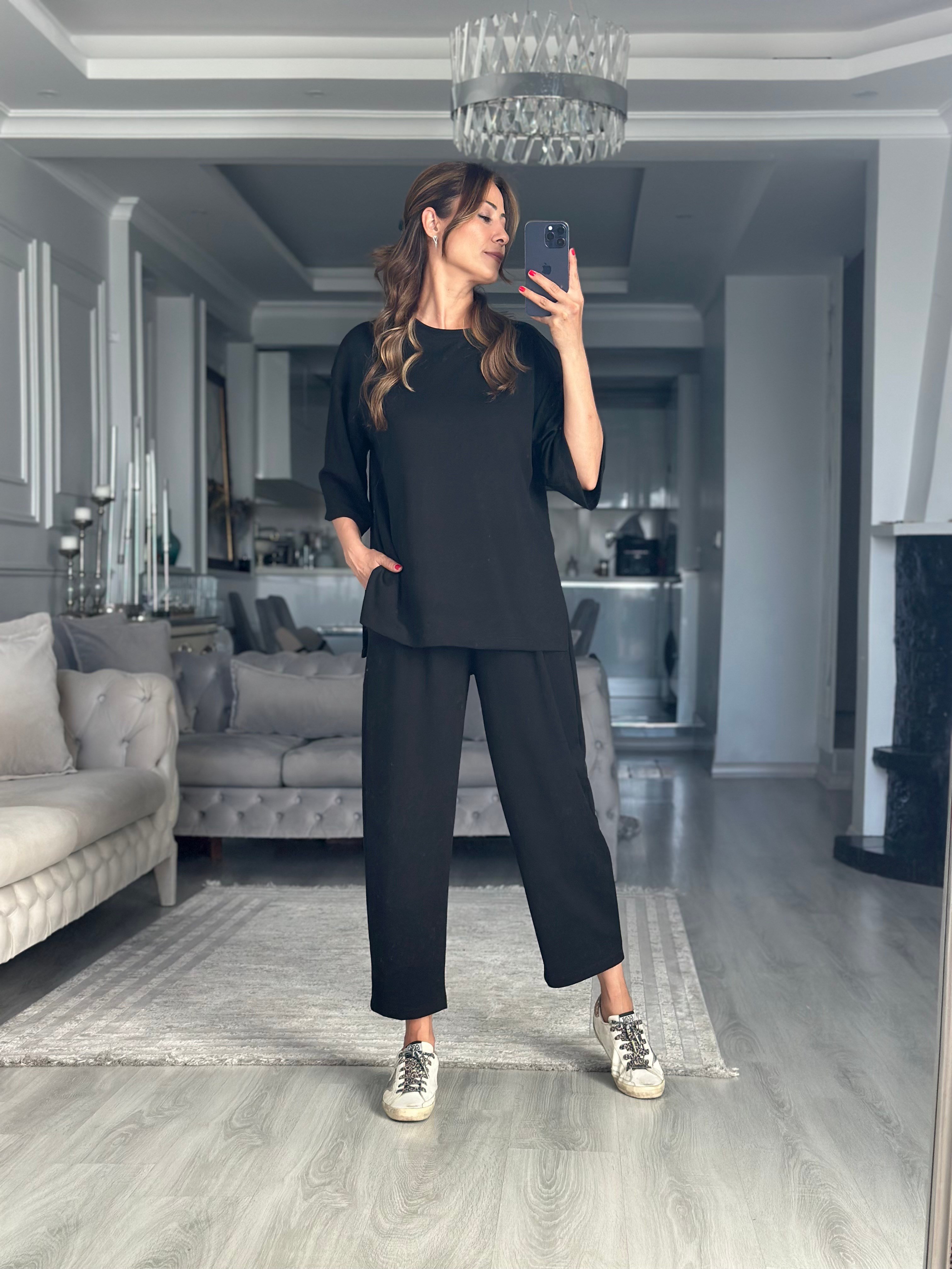 Siyah Fakir Kol Yırtmaçlı Oversize Modal Kadın İkili Takım