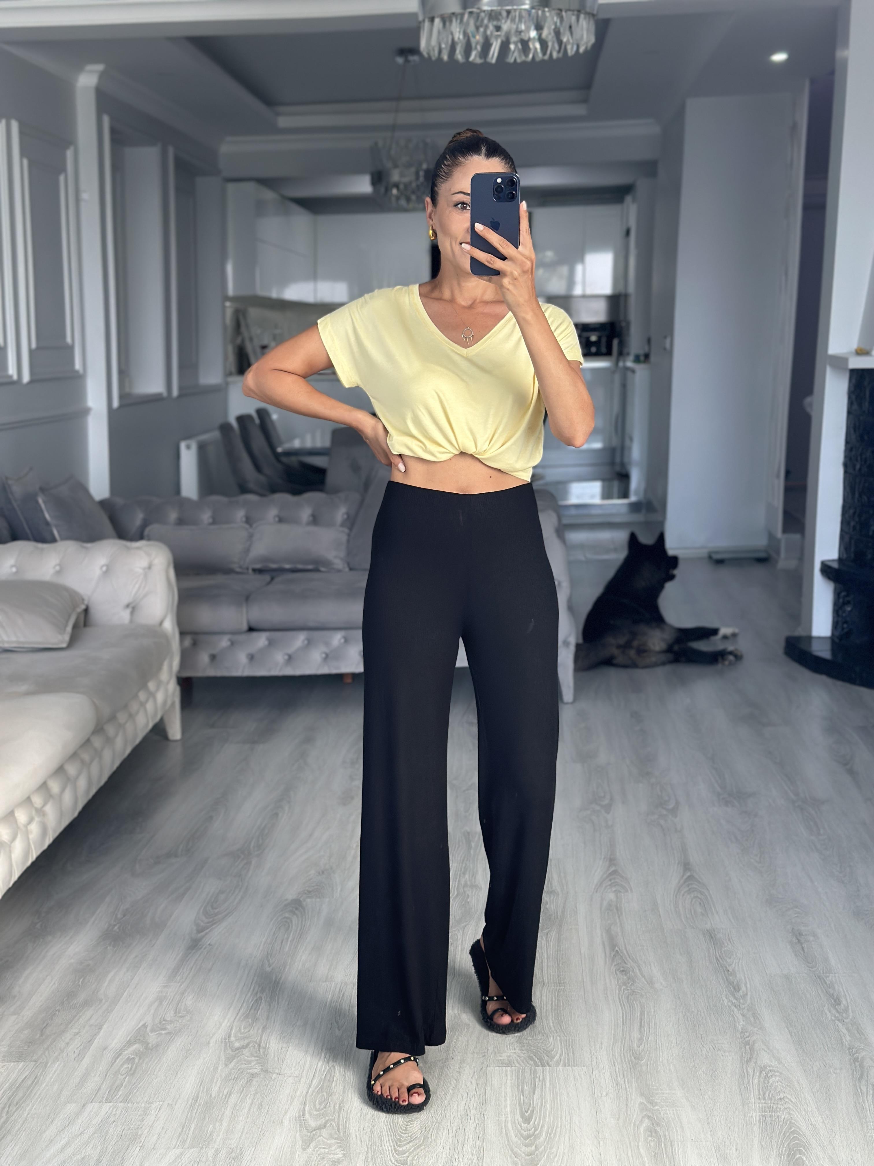 Siyah Fitilli Beli Lastikli Basic Kadın Pantolon