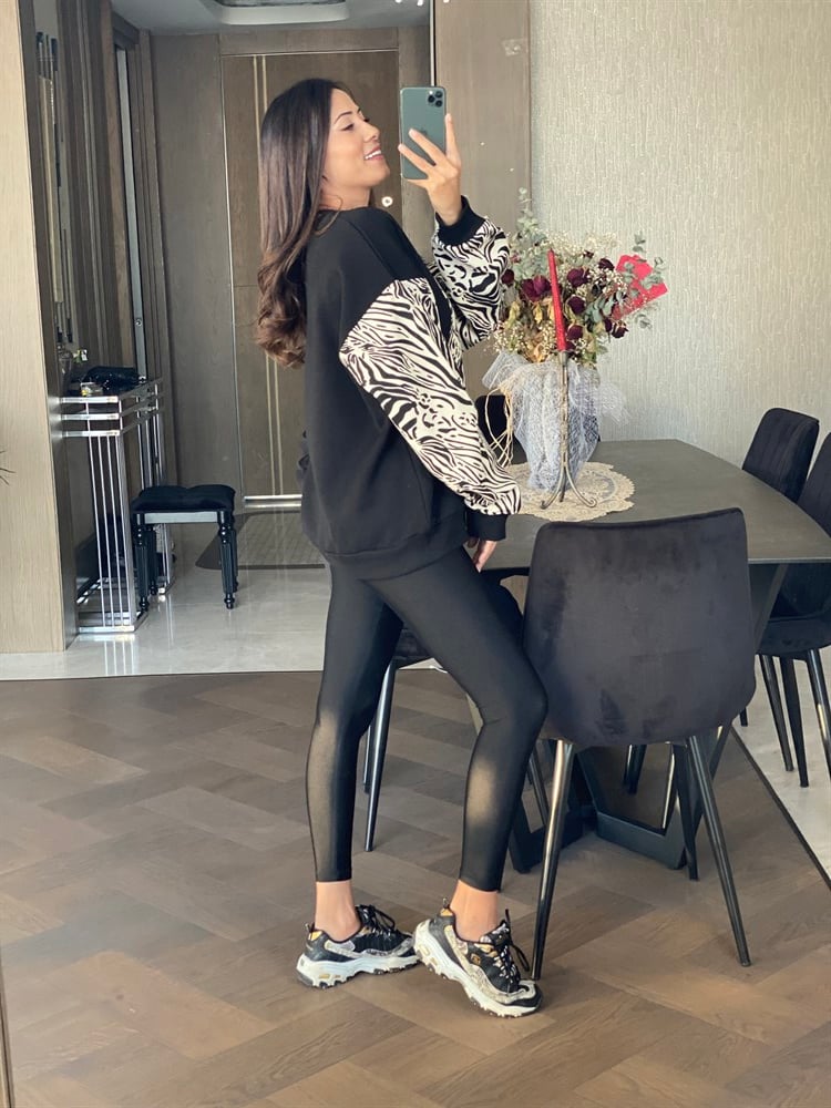 Siyah Gabardin Garnili Bisiklet Yaka Kadın Sweatshirt