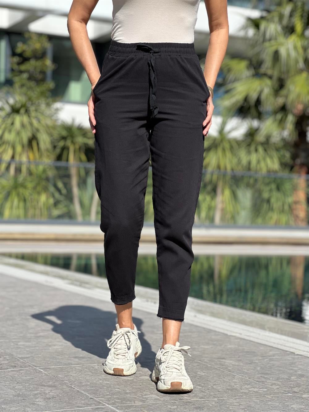 Siyah Gabardin Saçaklı Kadın Pantolon
