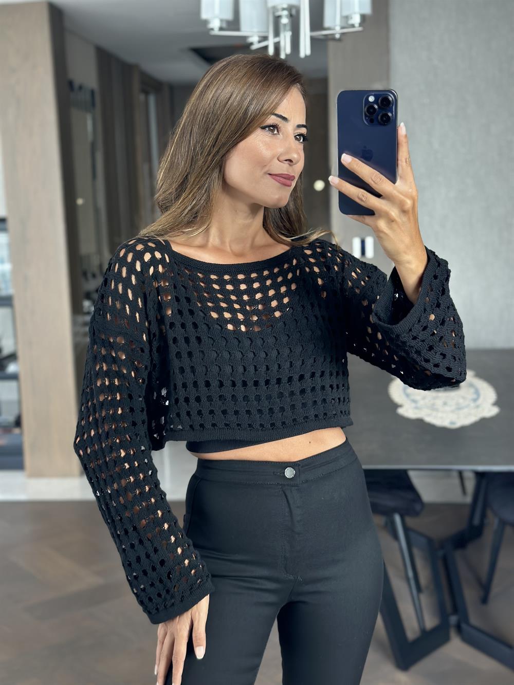 Siyah File Geniş Kol Triko Kadın Crop Bluz