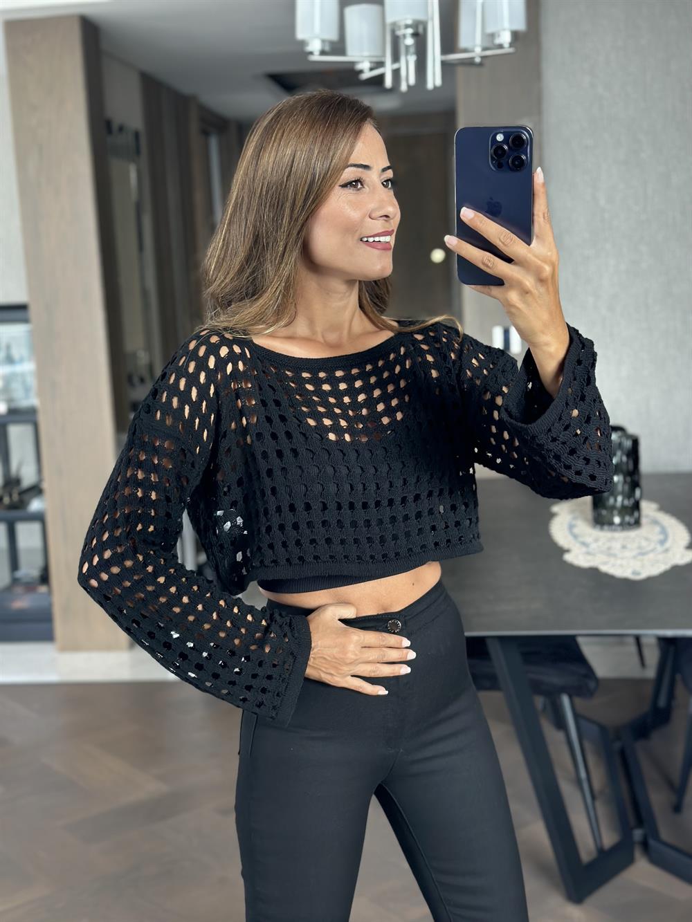 Siyah File Geniş Kol Triko Kadın Crop Bluz