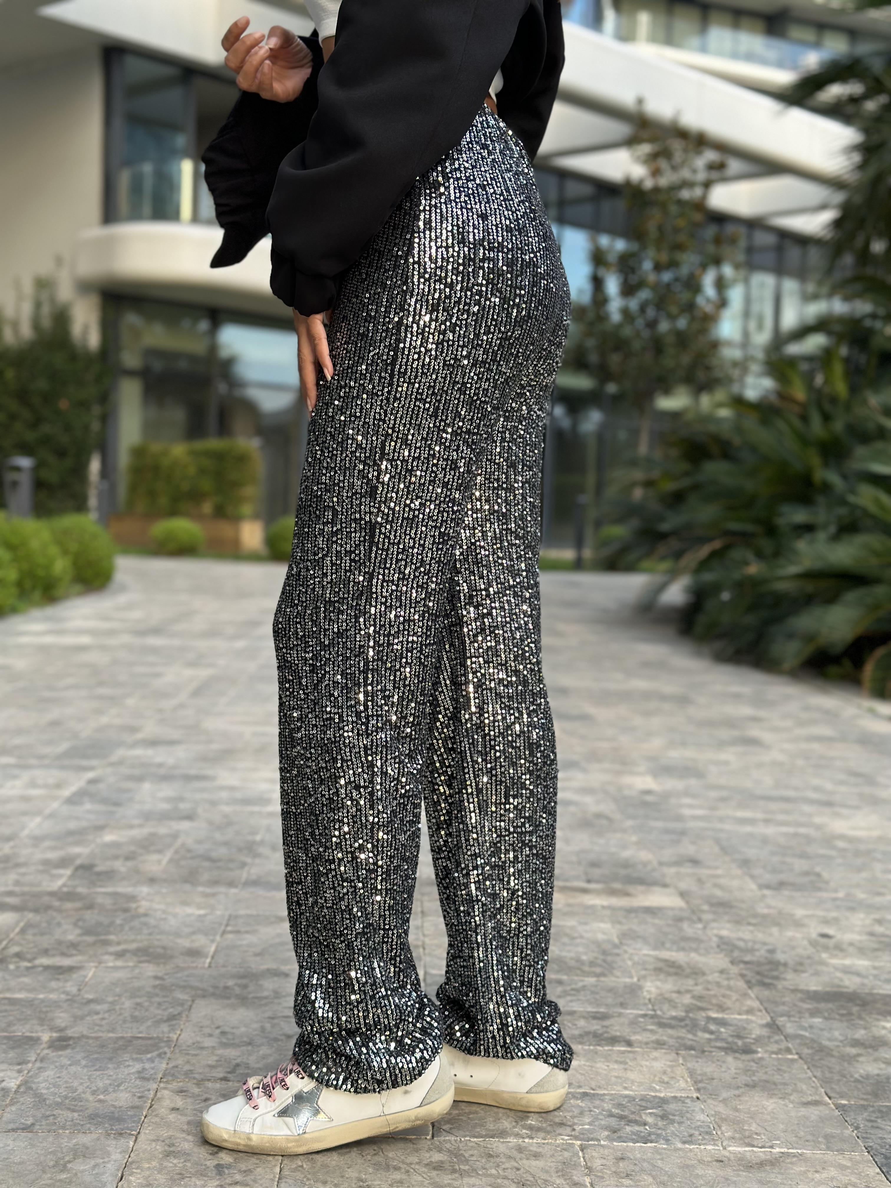 Siyah Gümüş Payetli Bel Lastikli Kadın Pantolon