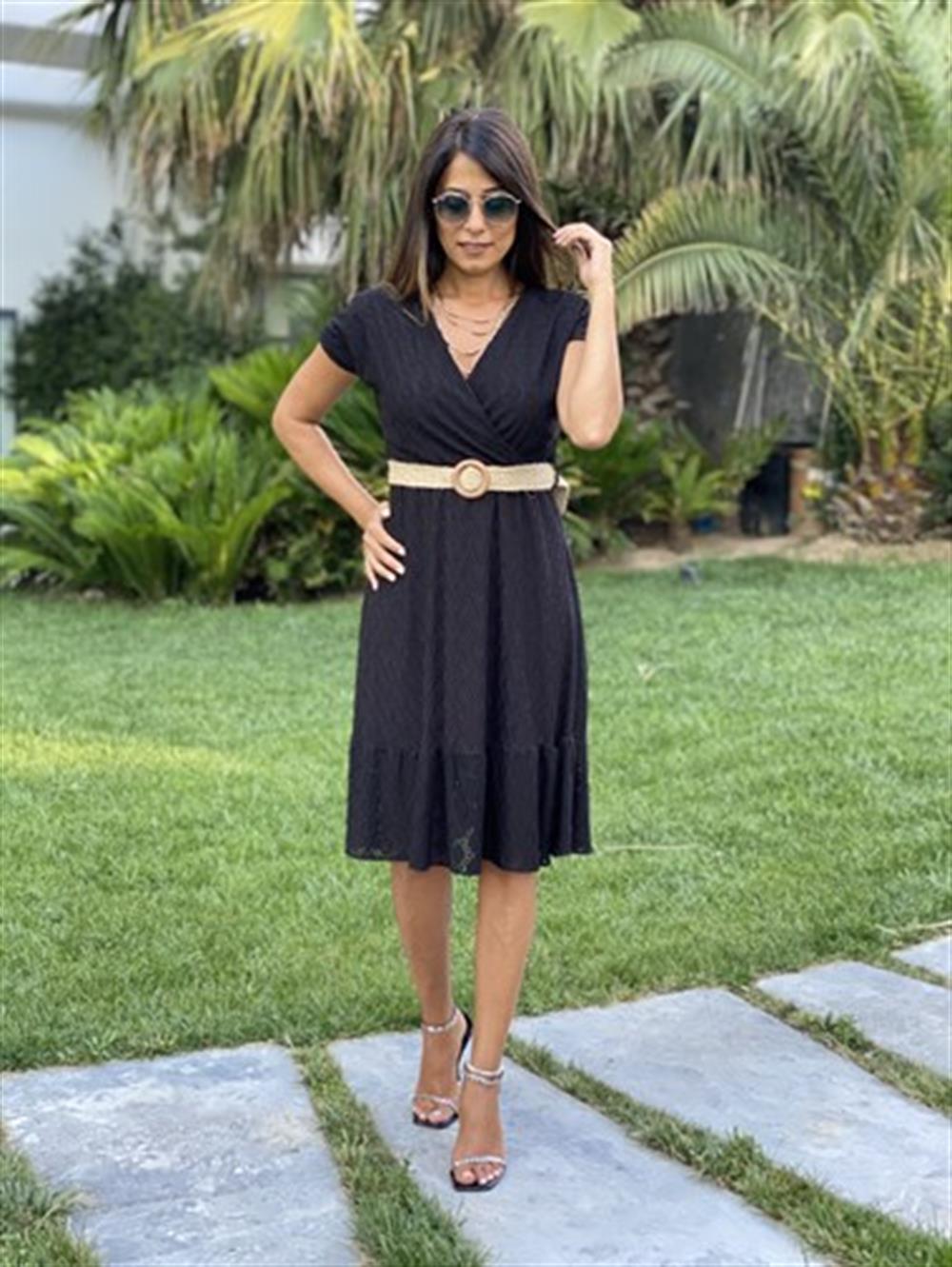 Siyah Hasır Kemerli Kruvaze Yaka Örme Brode Kadın Elbise