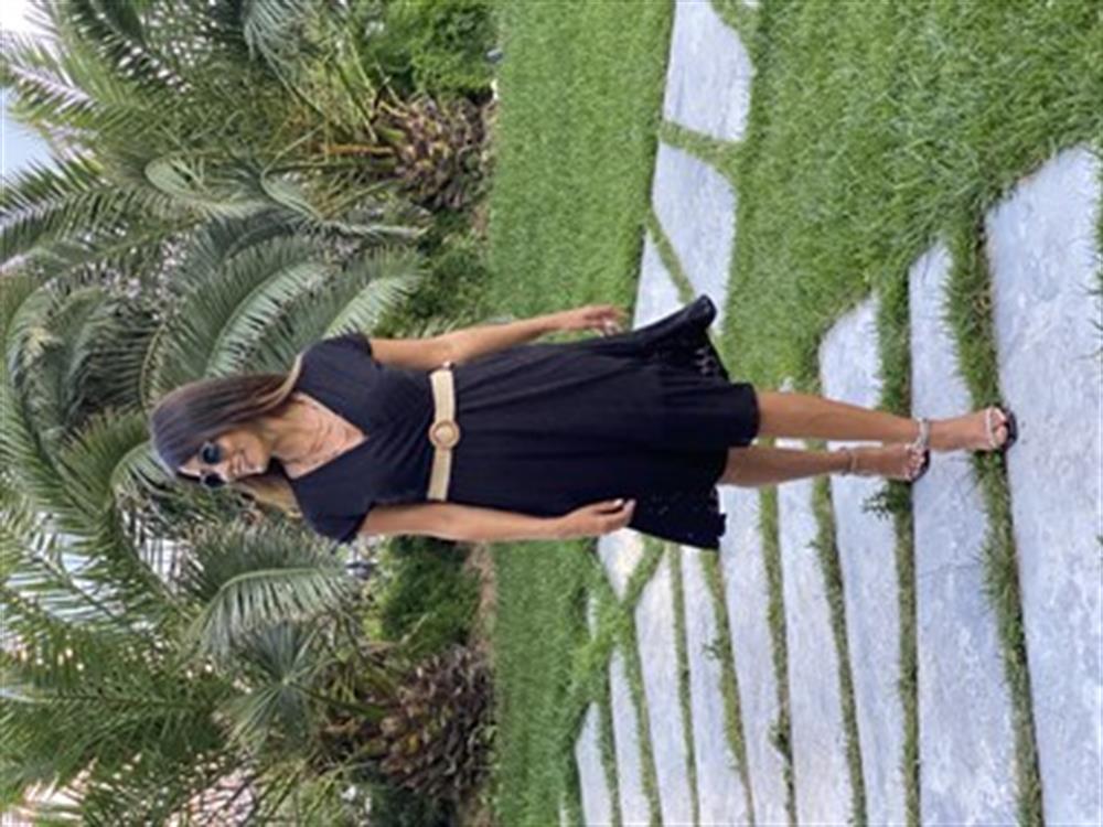 Siyah Hasır Kemerli Kruvaze Yaka Örme Brode Kadın Elbise