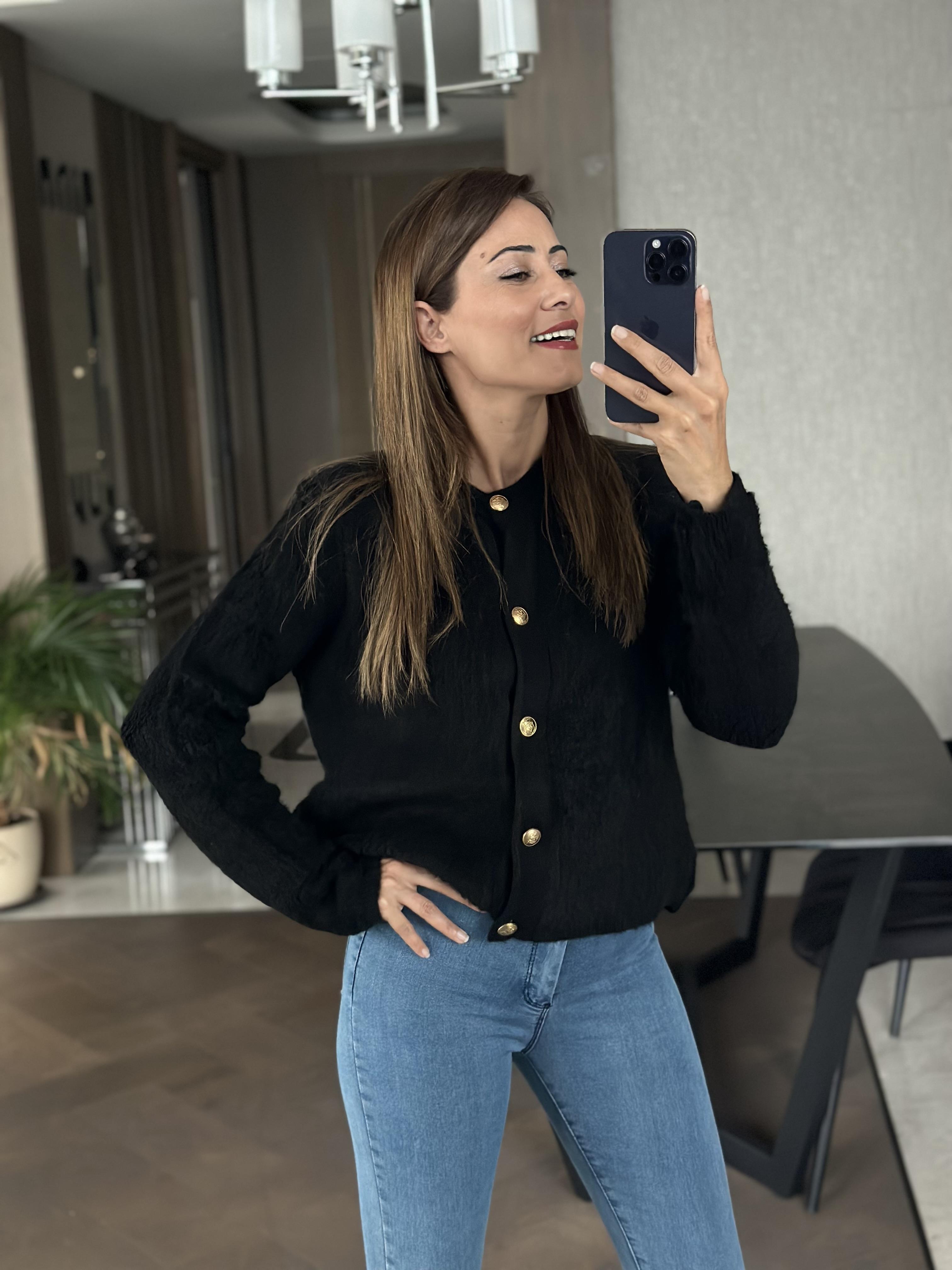 Siyah Havlu Örgü Teddy Kadın Hırka