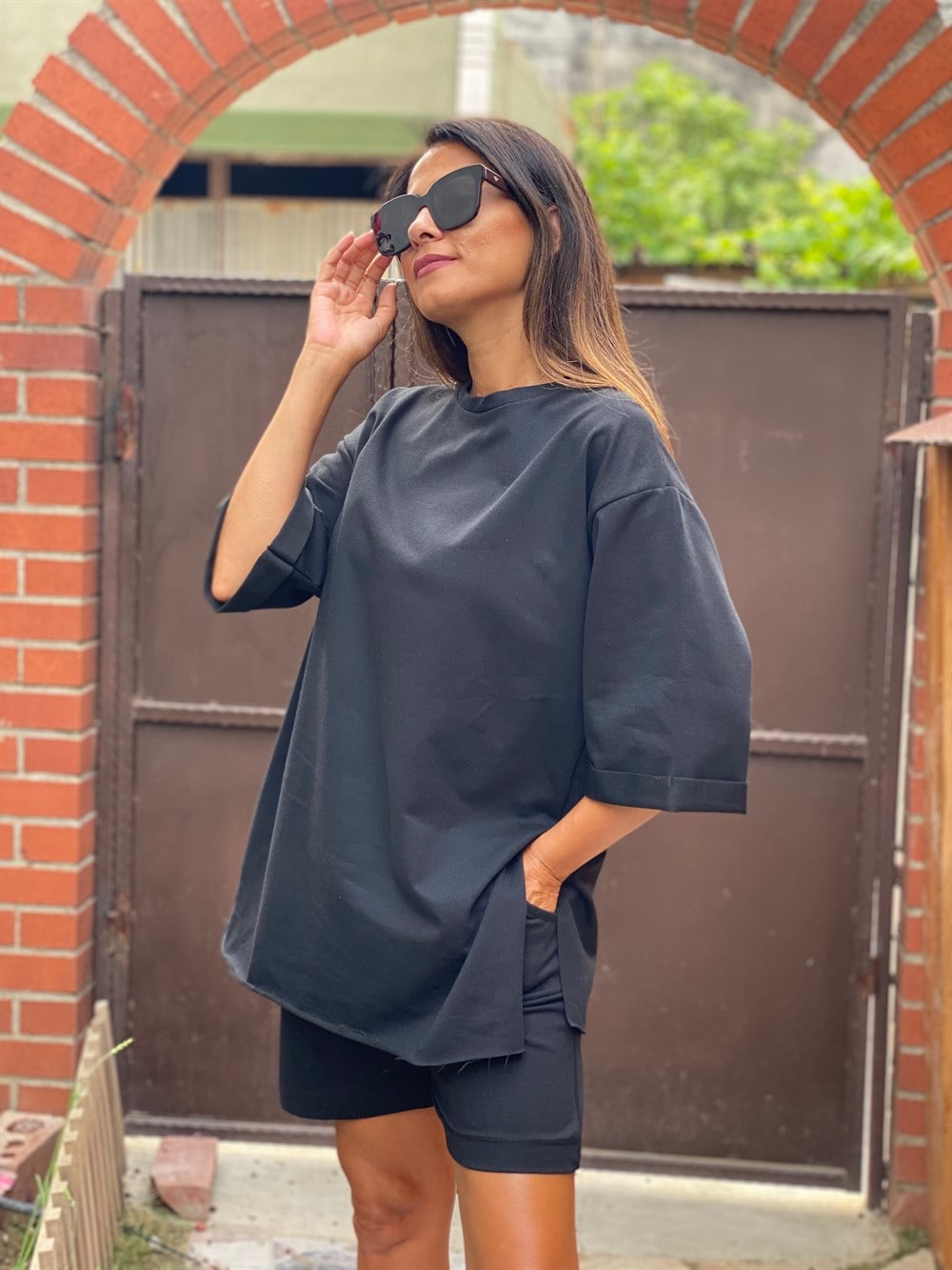 Siyah İki İplik Şortlu Kadın Takım