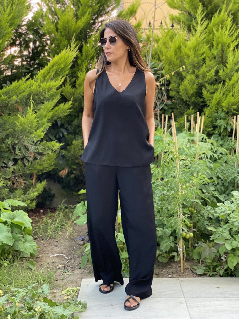 Siyah İpek Atletli Salaş Kadın İkili Takım