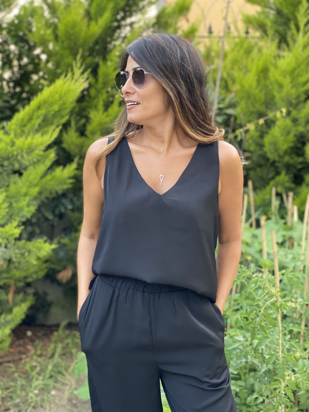 Siyah İpek Atletli Salaş Kadın İkili Takım