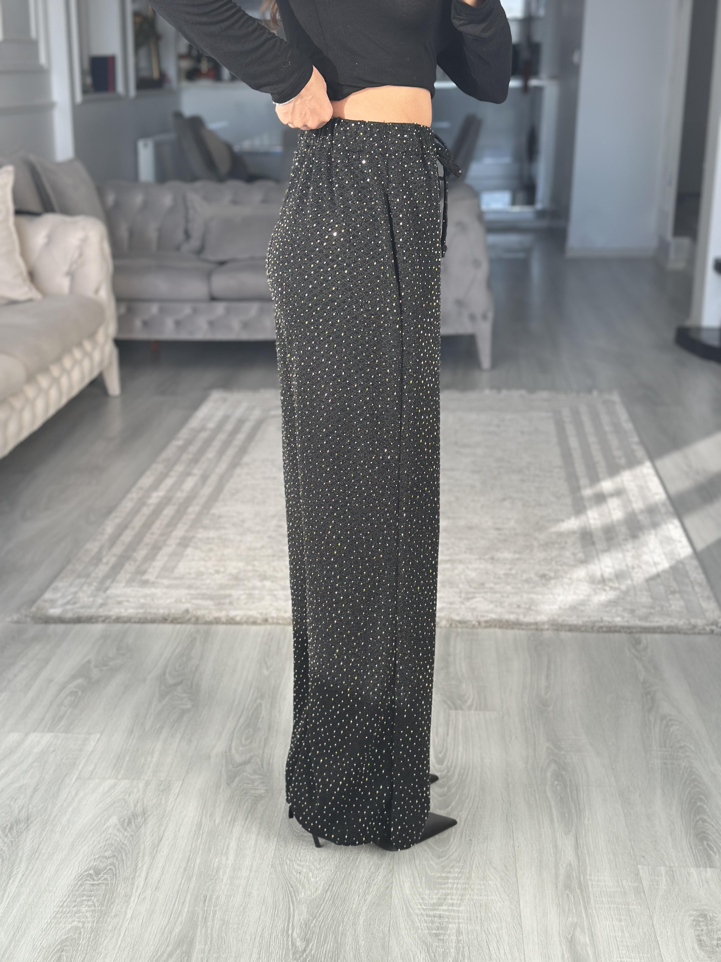 Siyah Işıltılı Beli Lastikli Cepli Kadın Pantolon