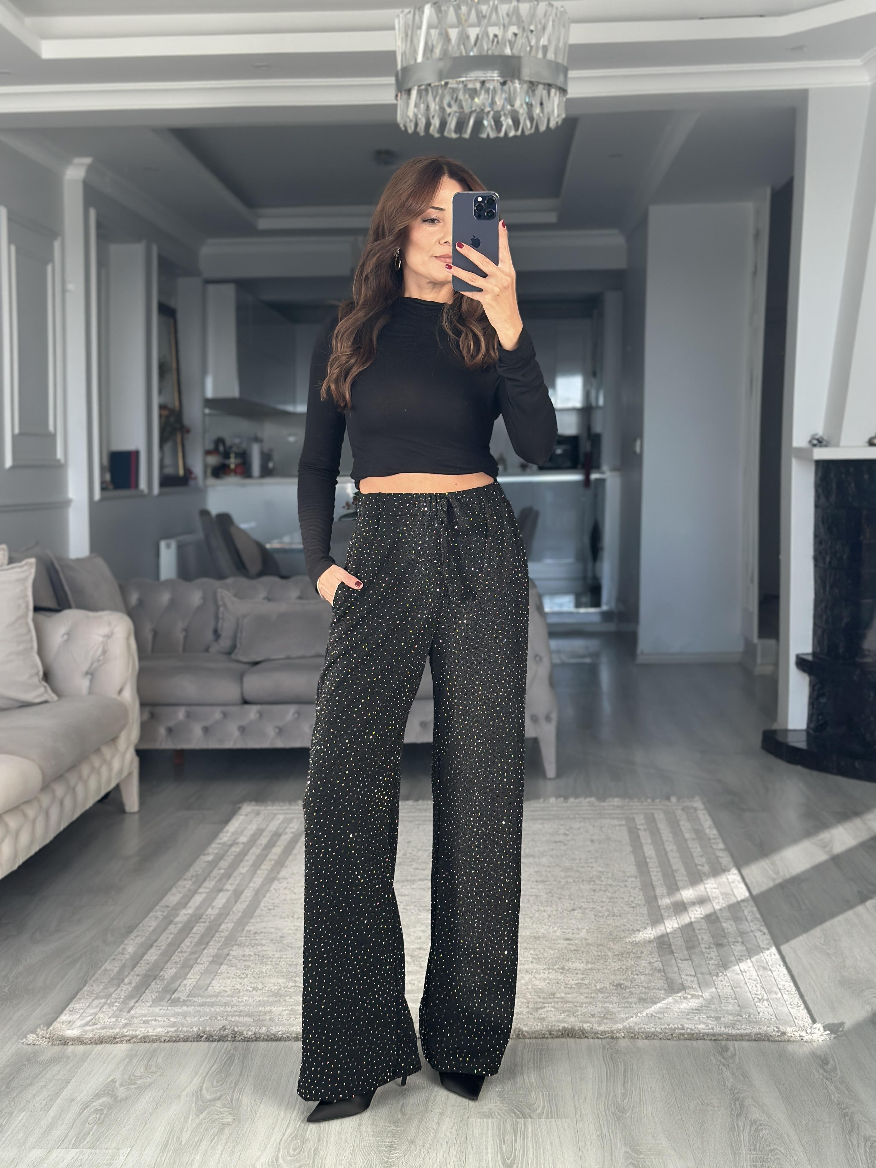 Siyah Işıltılı Beli Lastikli Cepli Kadın Pantolon