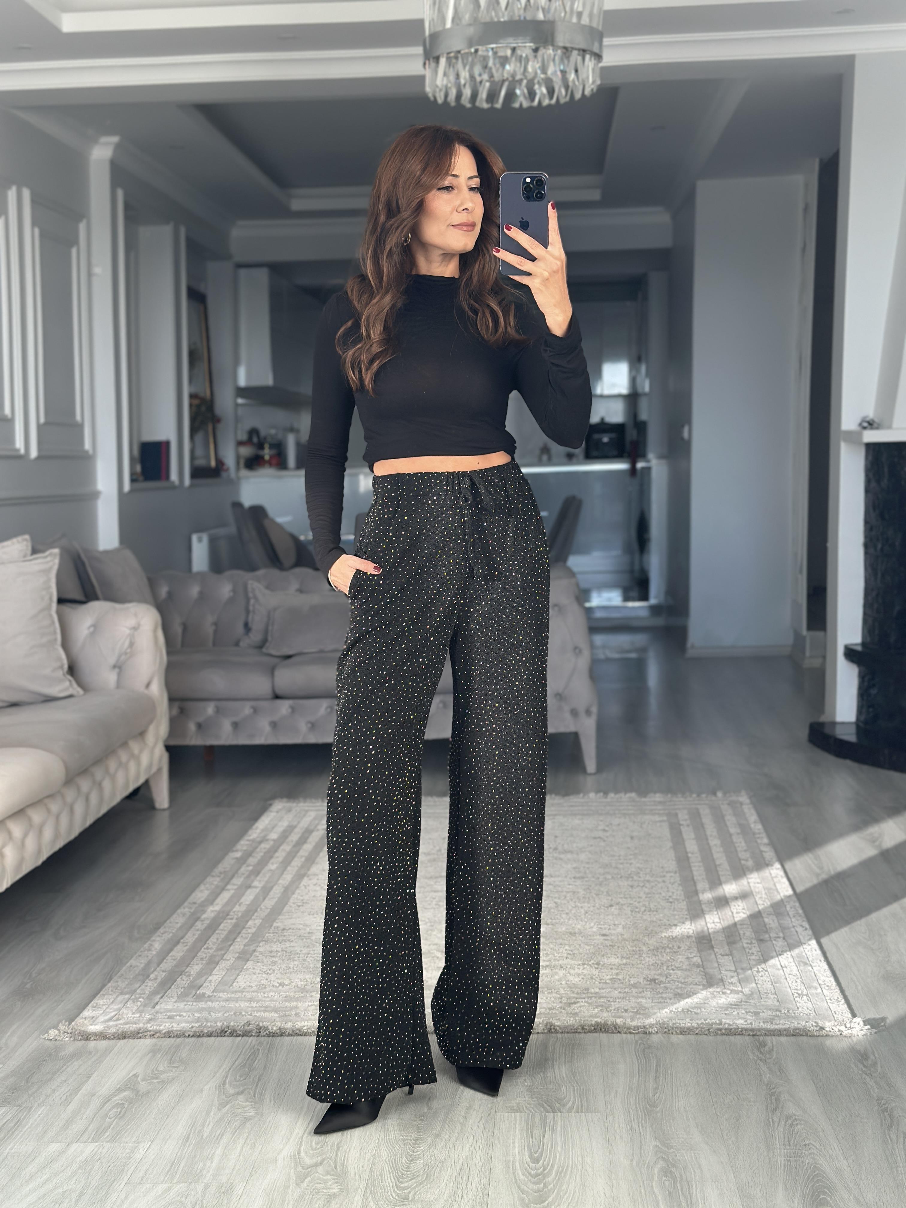 Siyah Işıltılı Beli Lastikli Cepli Kadın Pantolon