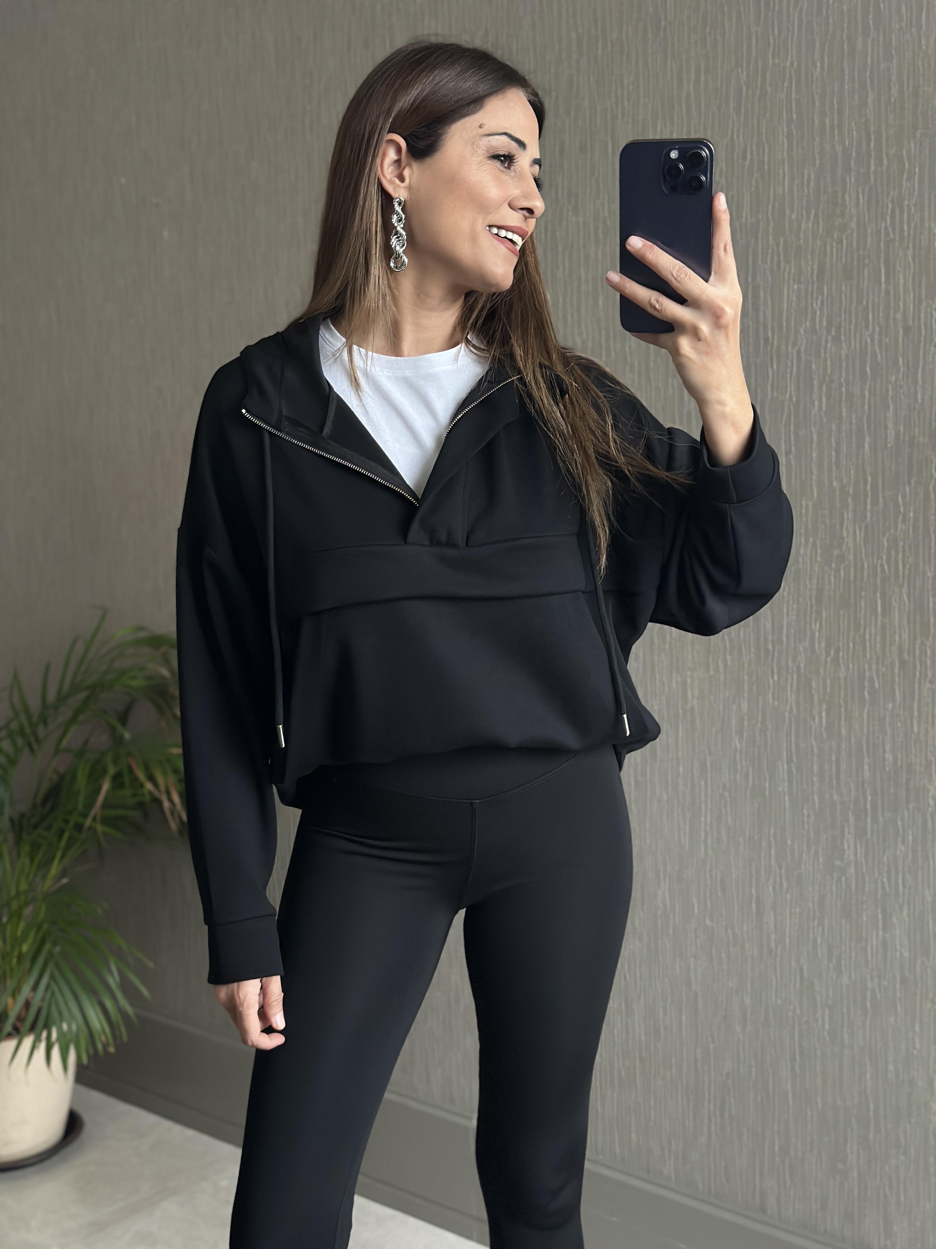 Siyah Kapüşonlu Yarım Fermuarlı Kanguru Cep Modal Kadın Sweatshirt