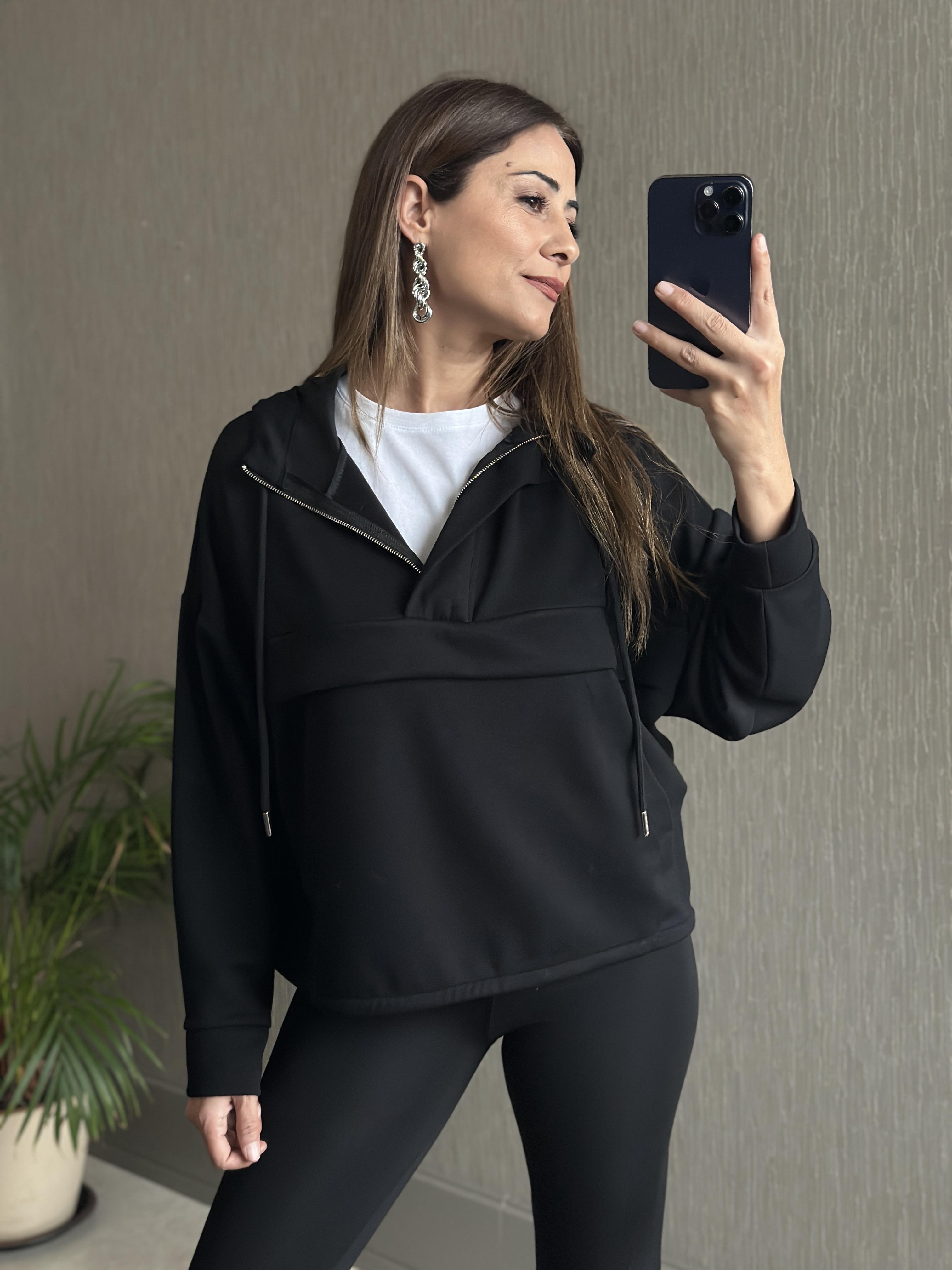 Siyah Kapüşonlu Yarım Fermuarlı Kanguru Cep Modal Kadın Sweatshirt