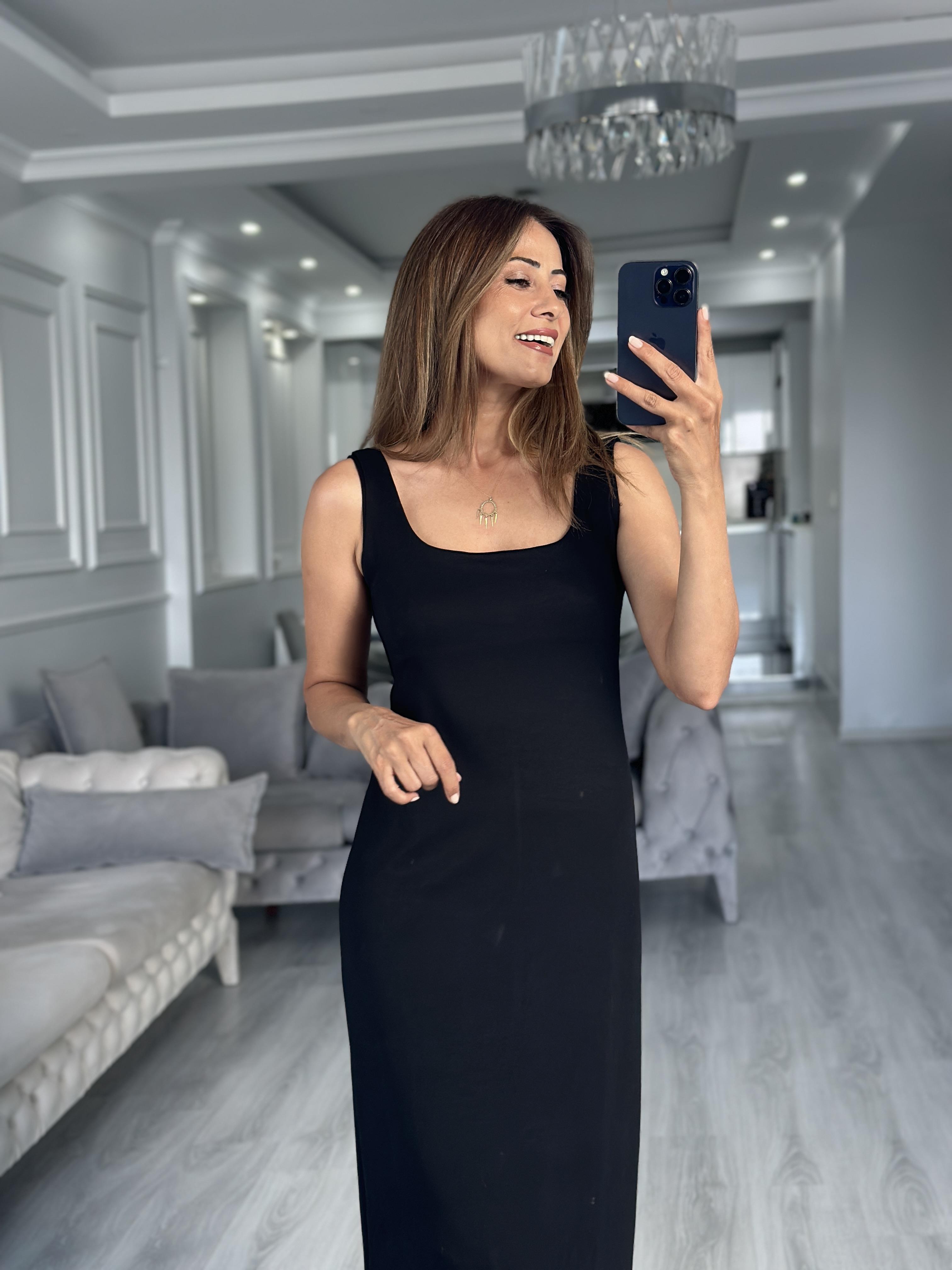 Siyah Kare Yaka Düz Basic Midi Boy Kadın Elbise 