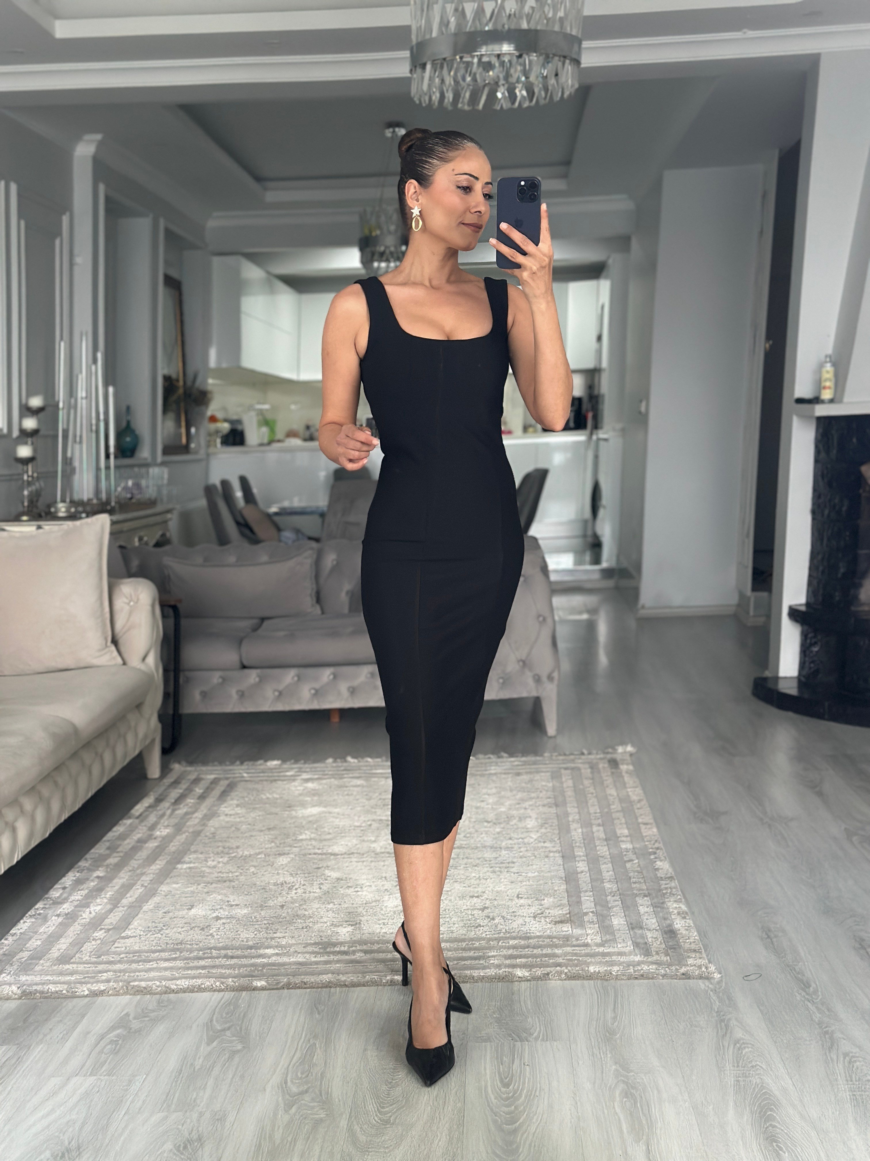 Siyah Kalın Askılı U Yaka Streç Kadın Kalem Elbise 