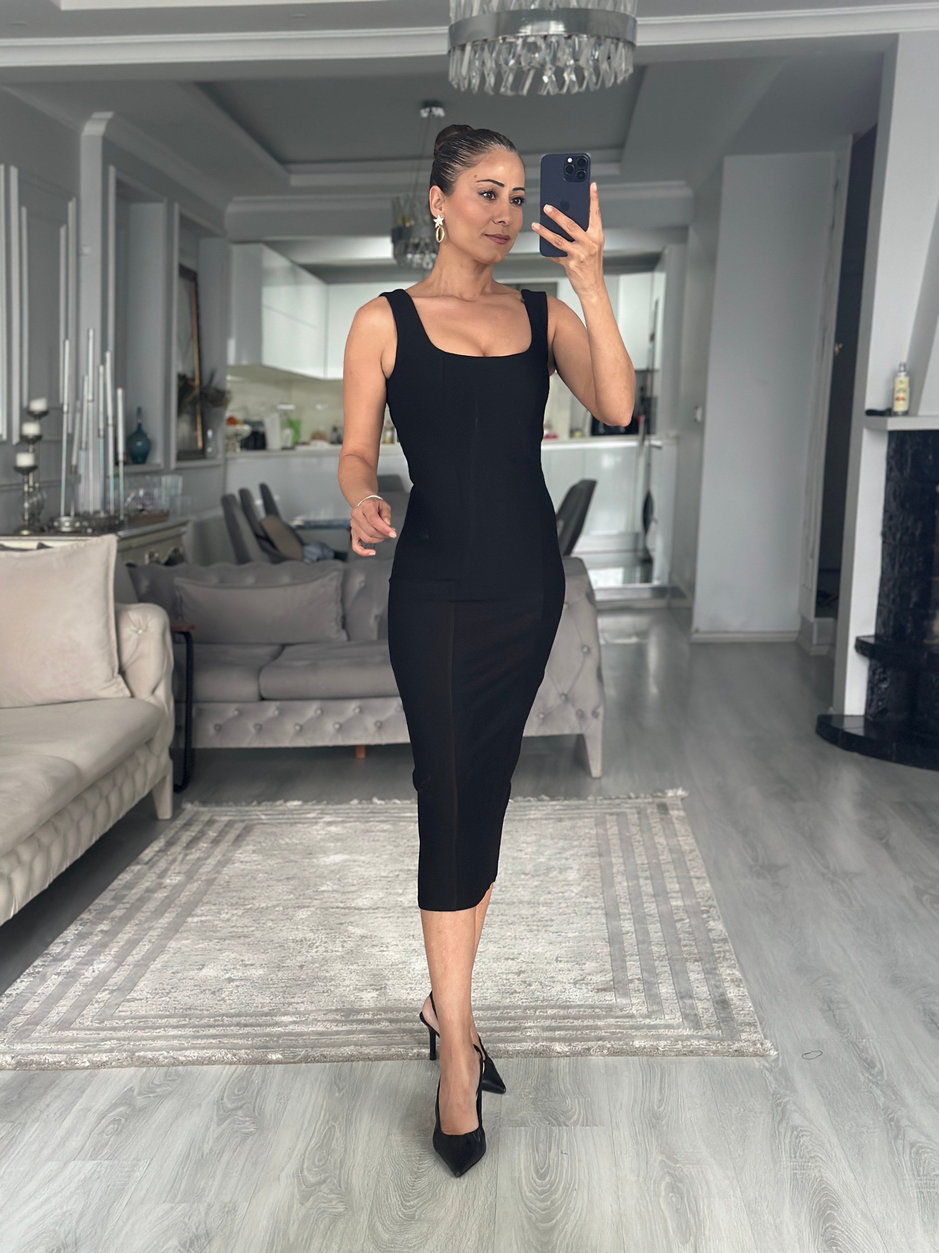 Siyah Kalın Askılı U Yaka Streç Kadın Kalem Elbise 