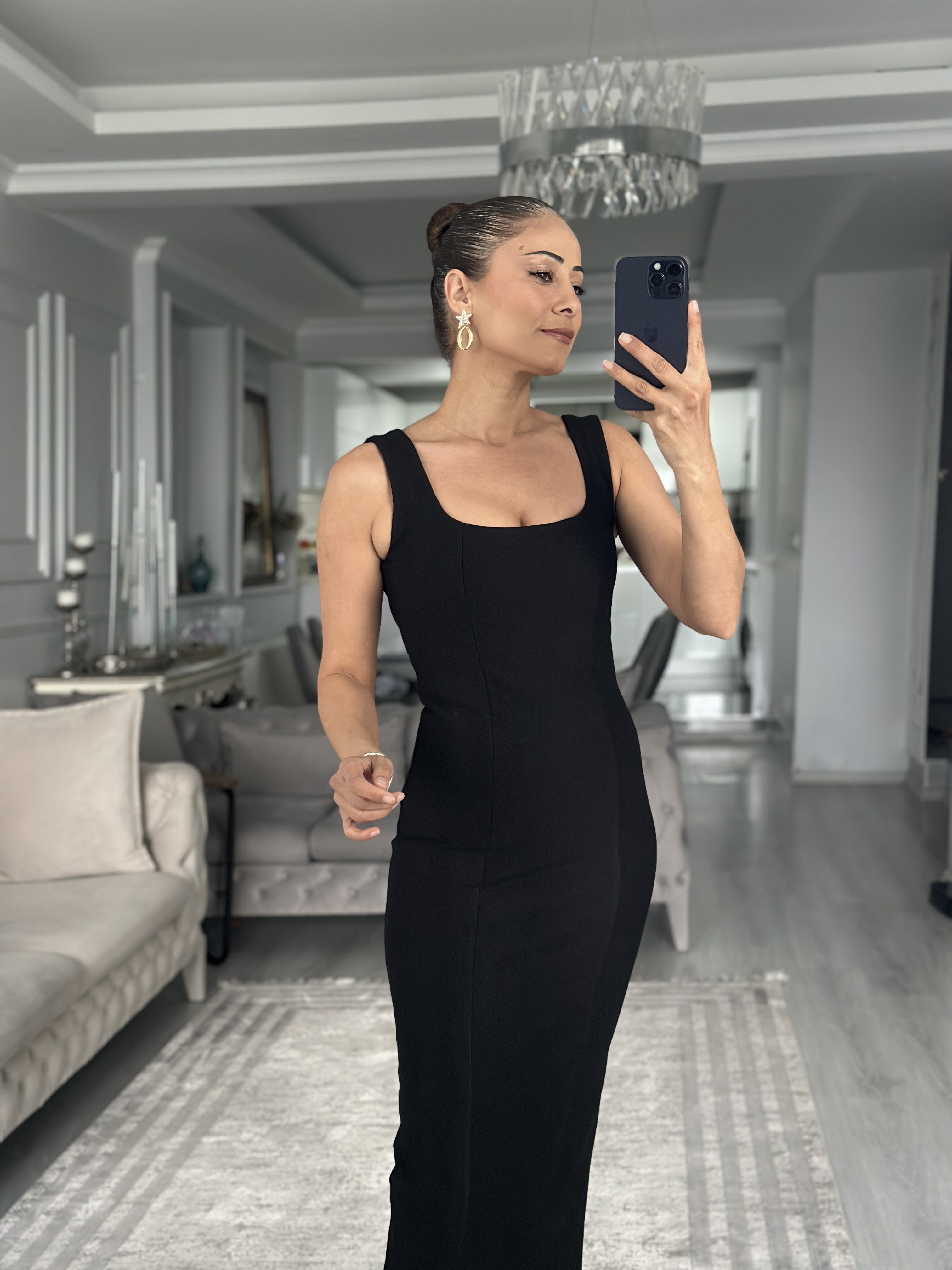 Siyah Kalın Askılı U Yaka Streç Kadın Kalem Elbise 