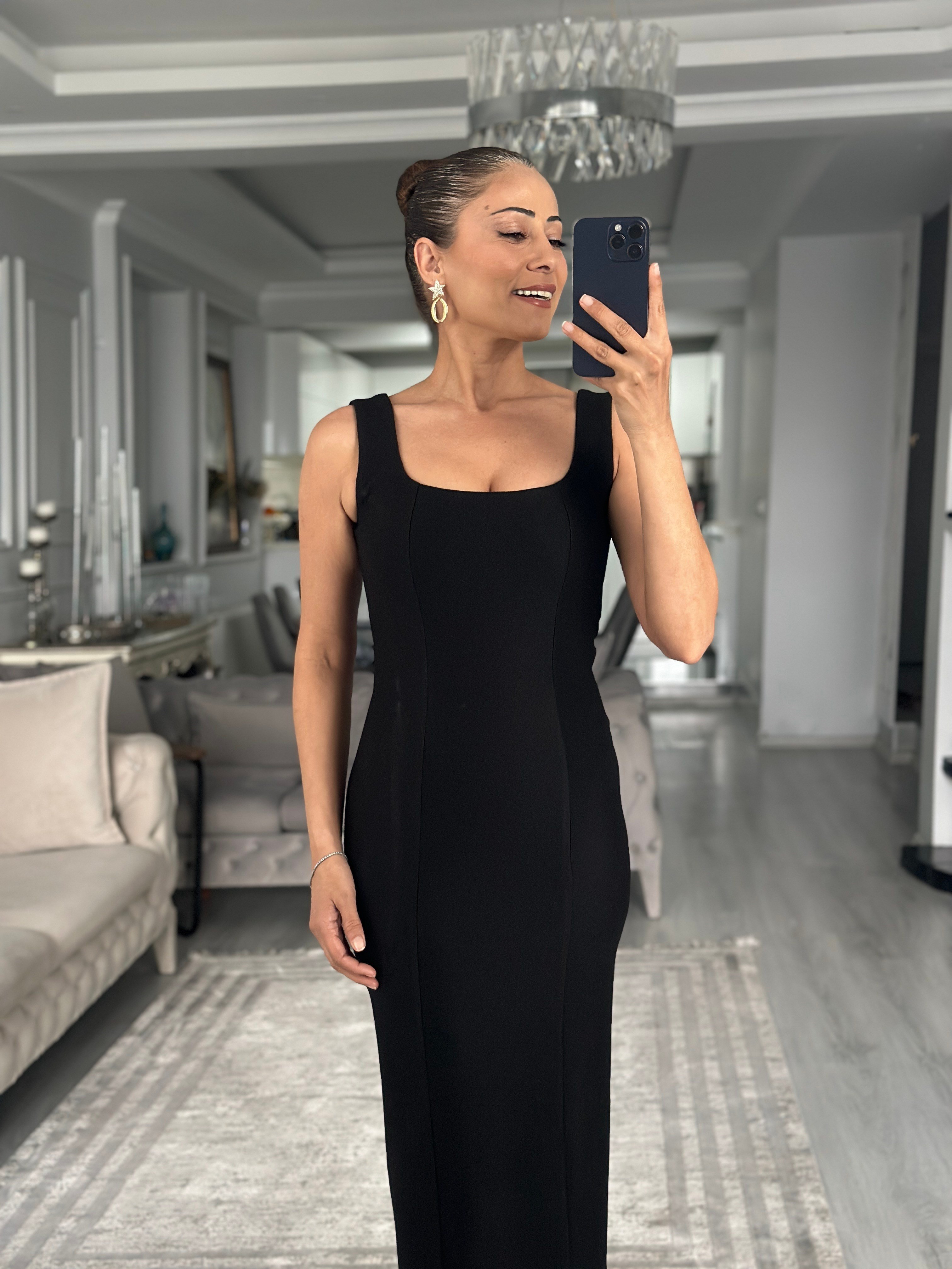 Siyah Kalın Askılı U Yaka Streç Kadın Kalem Elbise 