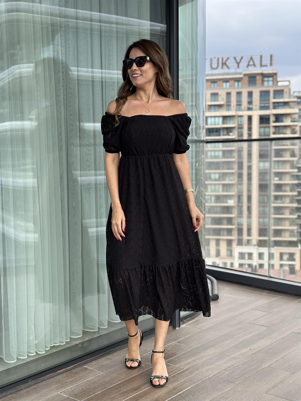 Siyah Kare Yaka Prenses Kol Örme Brode Kadın Elbise