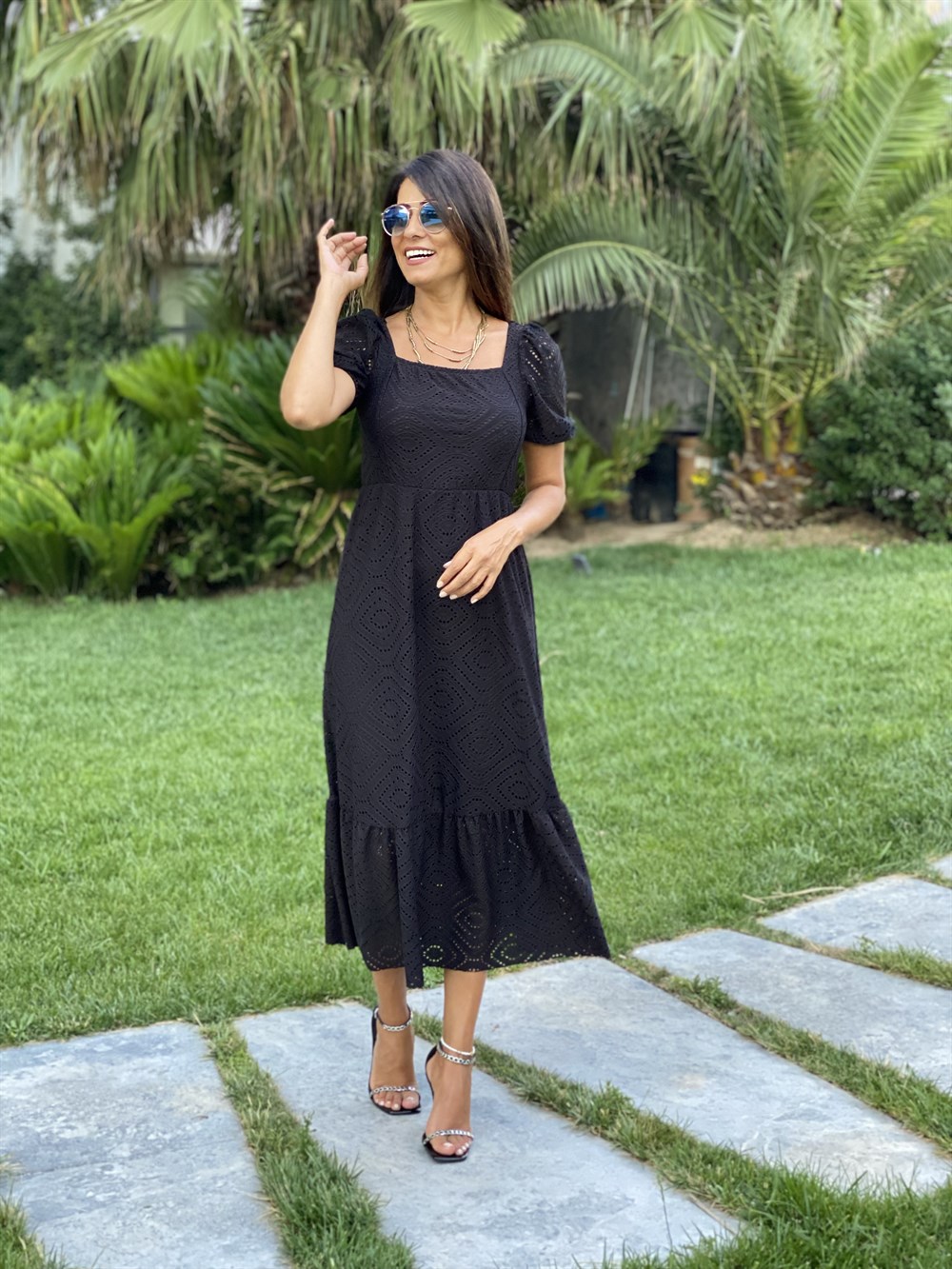 Siyah Kare Yaka Kısa Kol Örme Brode Kadın Elbise