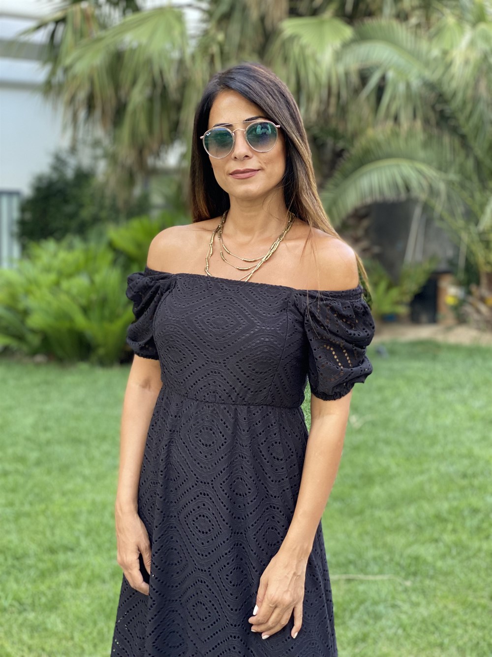 Siyah Kare Yaka Kısa Kol Örme Brode Kadın Elbise