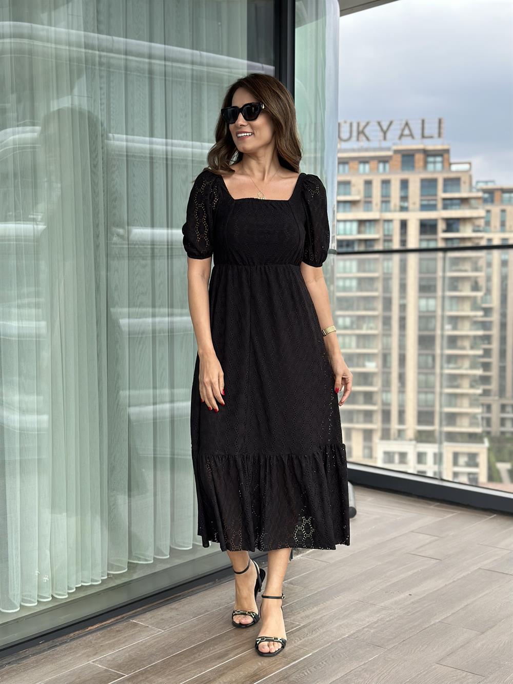Siyah Kare Yaka Prenses Kol Örme Brode Kadın Elbise