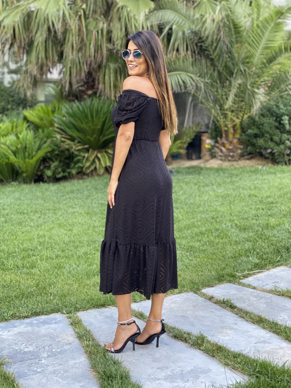 Siyah Kare Yaka Kısa Kol Örme Brode Kadın Elbise