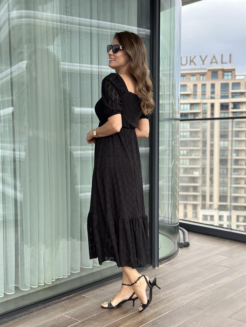 Siyah Kare Yaka Prenses Kol Örme Brode Kadın Elbise