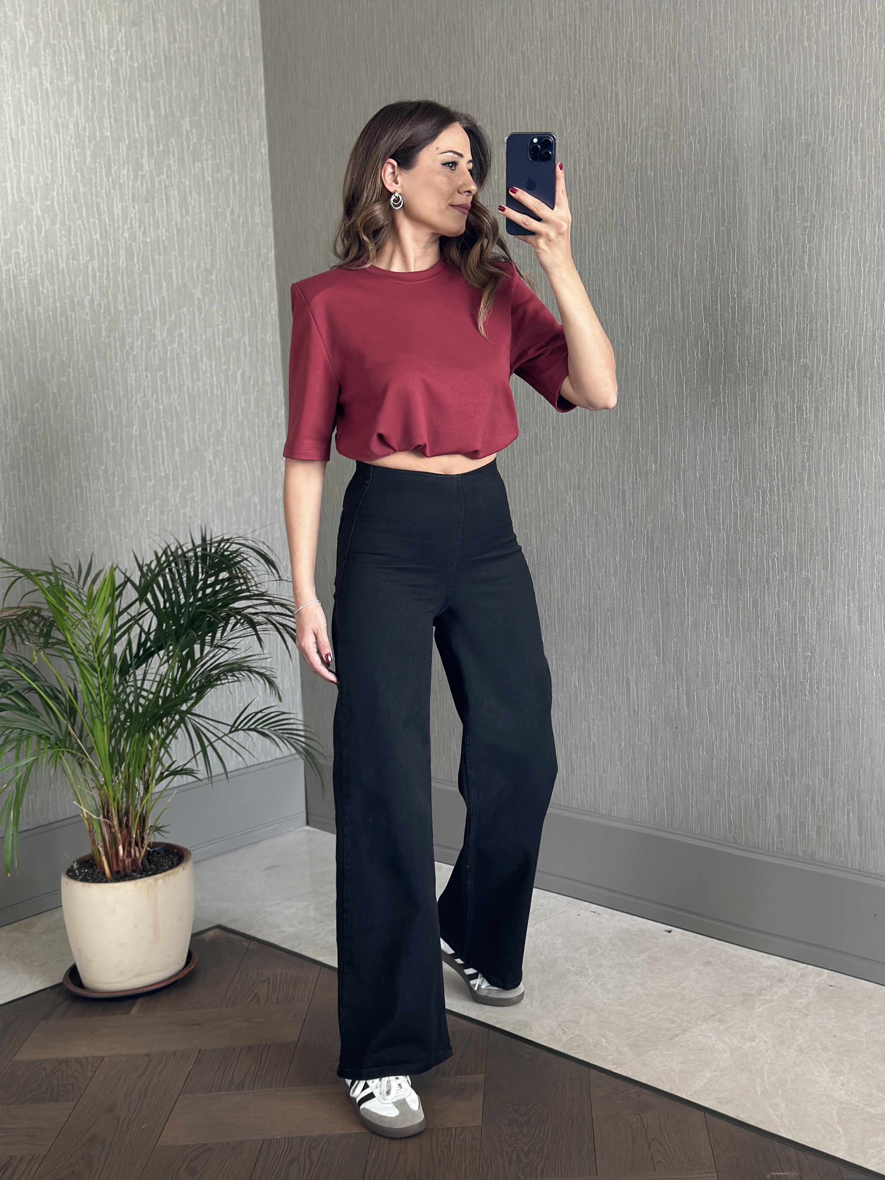 Siyah Karol Beli Lastikli Streç Palazzo Kadın Jean Pantolon