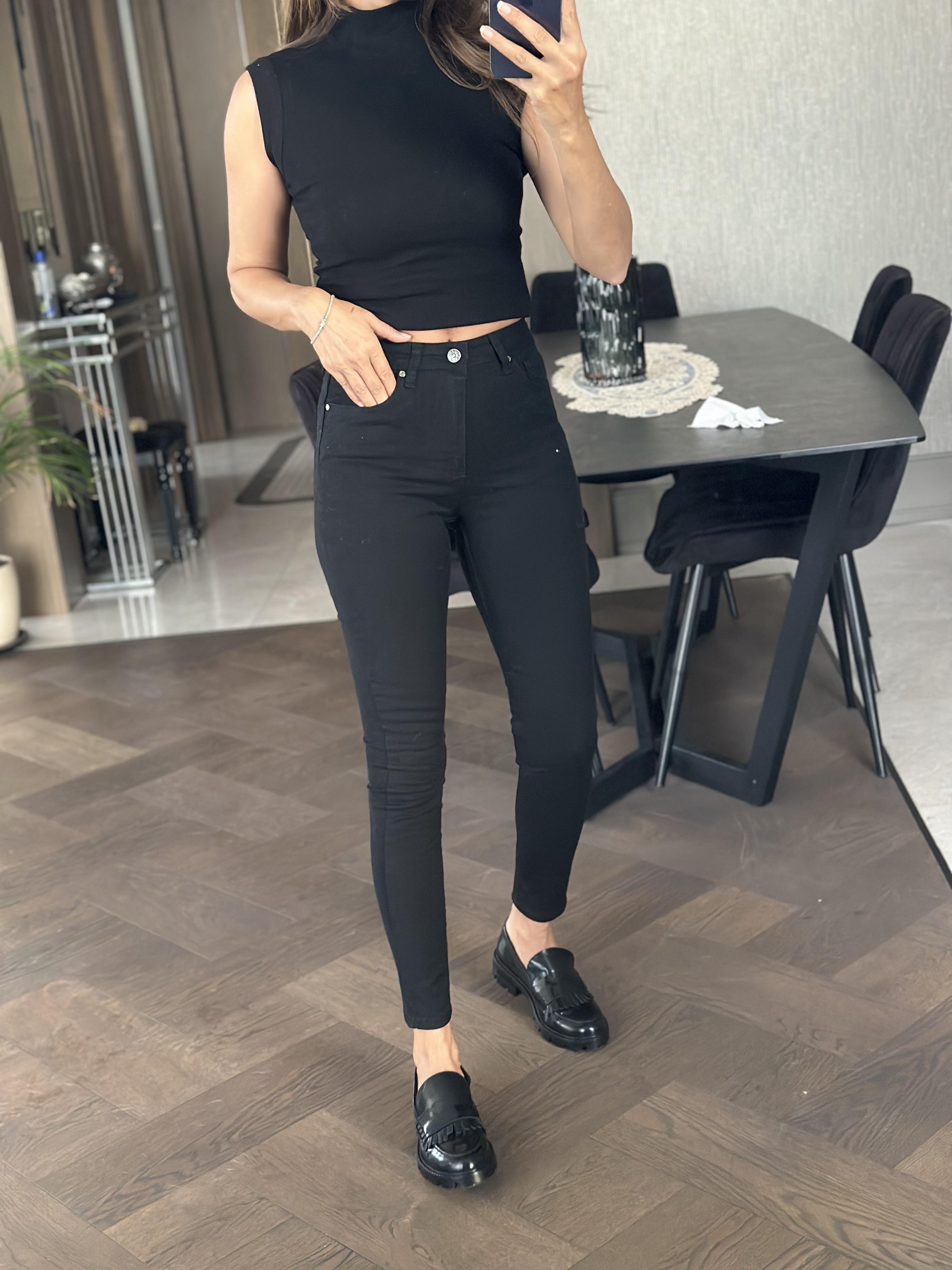 Siyah Karol Cepli Skinny Kadın Jean Pantolon