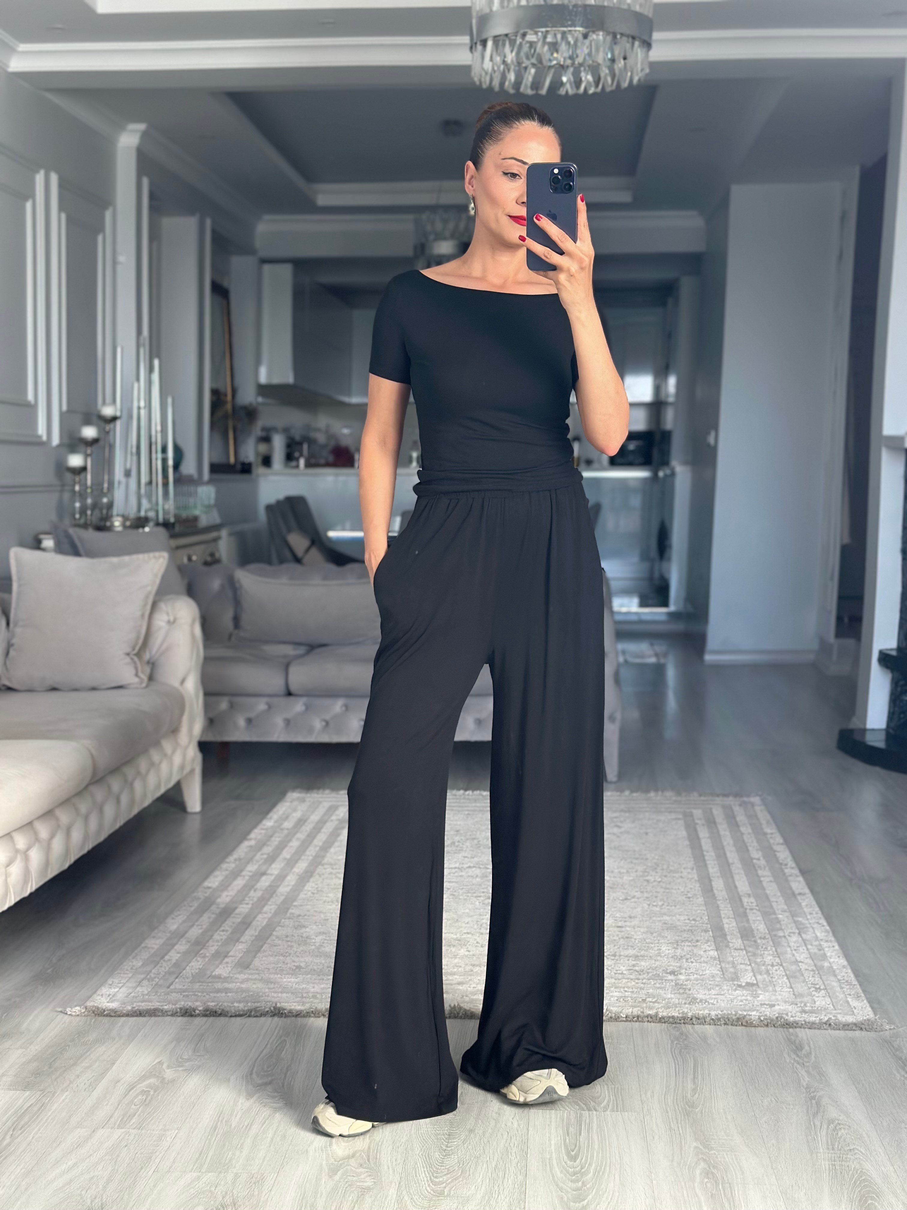 Siyah Kayık Yaka Kısa Kollu Body Pantolon Kadın İkili Takım