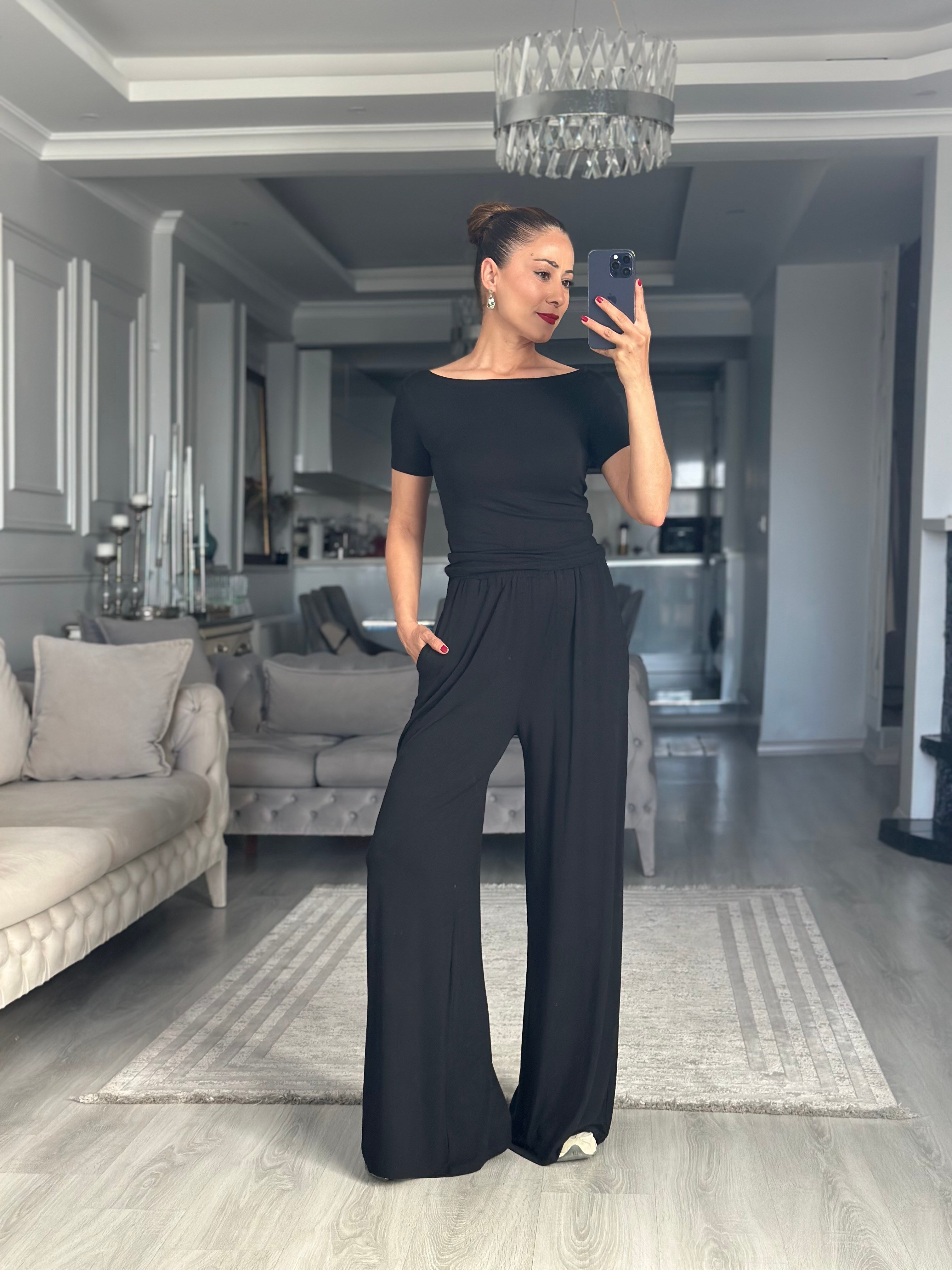 Siyah Kayık Yaka Kısa Kollu Body Pantolon Kadın İkili Takım