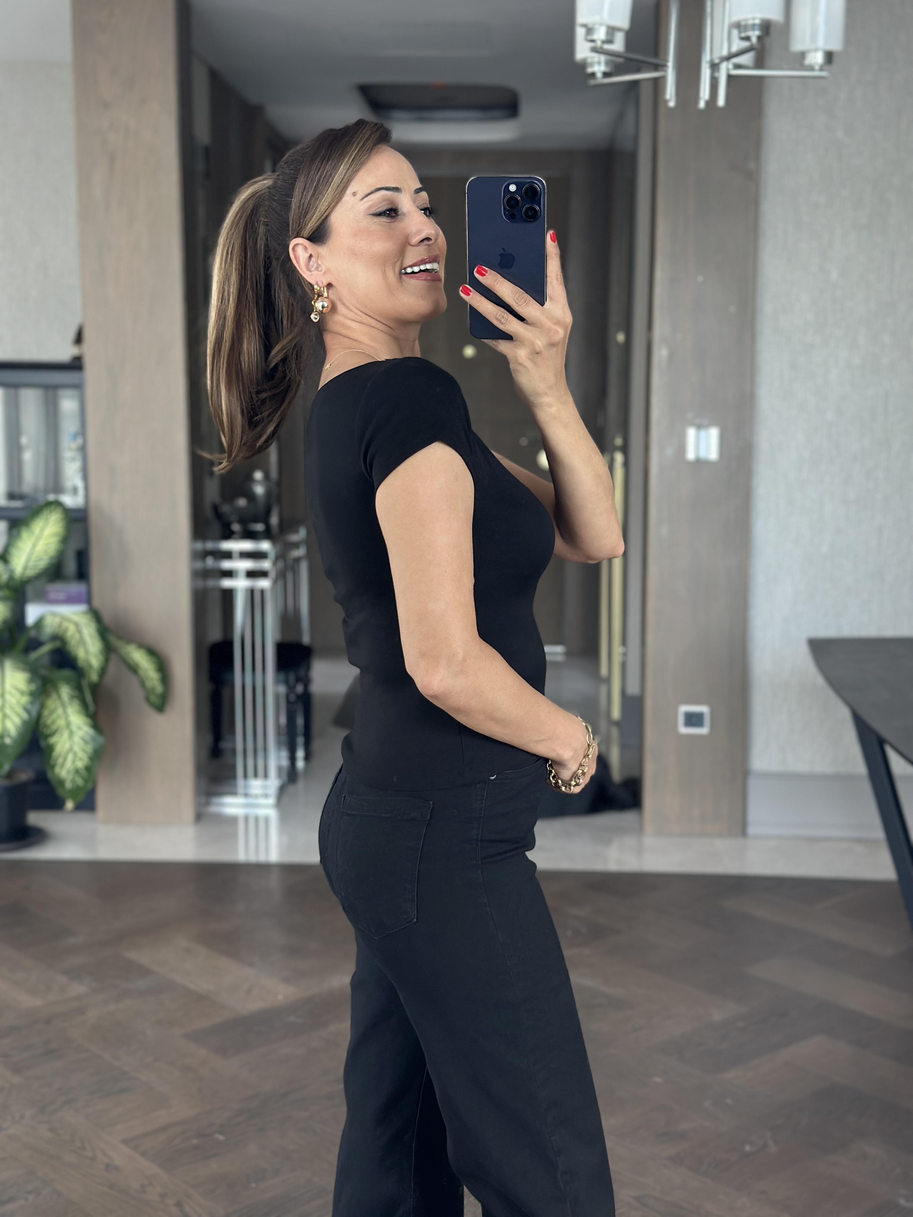 Siyah Kayık Yaka Modal Kısa Kol Kadın Body